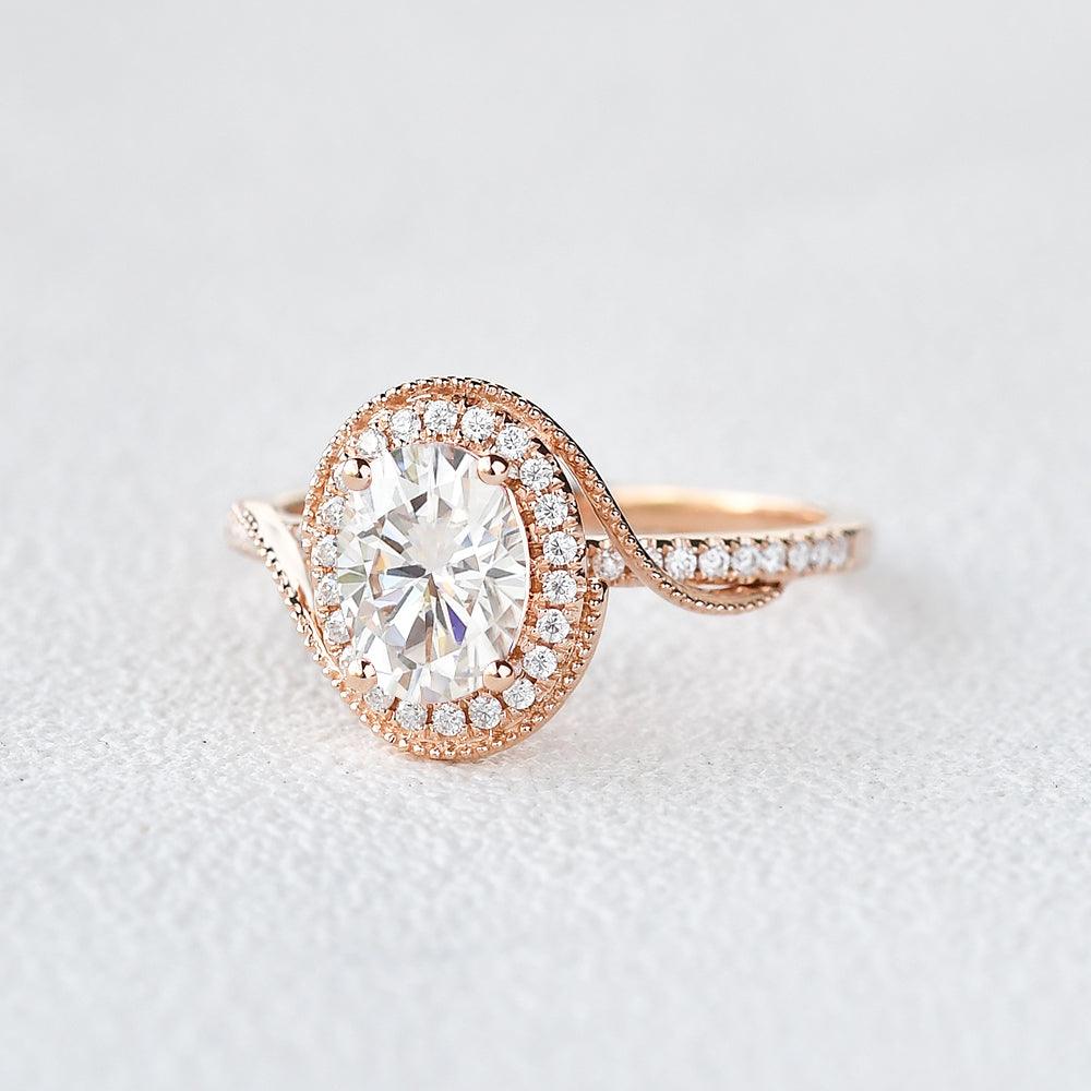 Twist Oval Moissanite Halo Inspired Ring - Felicegals 丨Wedding ring 丨Fashion ring 丨Diamond ring 丨Gemstone ring--Felicegals