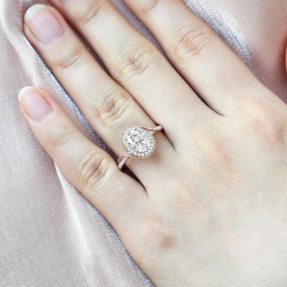 Twist Oval Moissanite Halo Inspired Ring - Felicegals 丨Wedding ring 丨Fashion ring 丨Diamond ring 丨Gemstone ring--Felicegals
