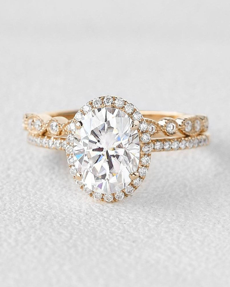 2.0ct Oval Moissanite Pave Vintage Halo Ring Set 2pcs - Felicegals 丨Wedding ring 丨Fashion ring 丨Diamond ring 丨Gemstone ring