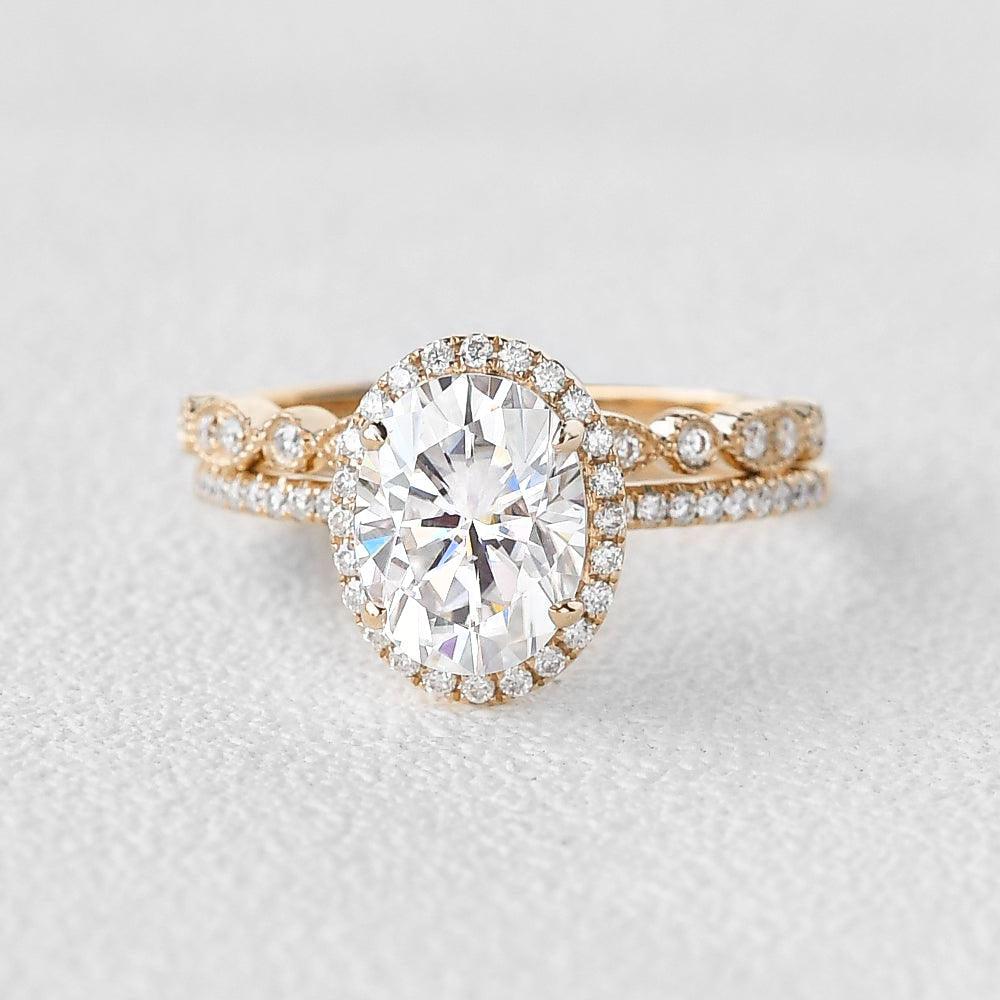 2.0ct Oval Moissanite Pave Vintage Halo Ring Set 2pcs - Felicegals 丨Wedding ring 丨Fashion ring 丨Diamond ring 丨Gemstone ring