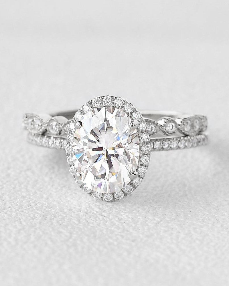 2.0ct Oval Moissanite Pave Vintage Halo Ring Set 2pcs - Felicegals 丨Wedding ring 丨Fashion ring 丨Diamond ring 丨Gemstone ring
