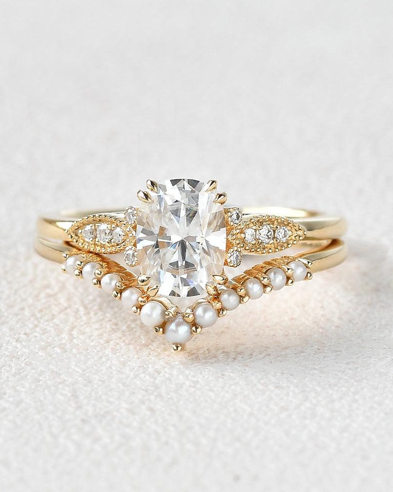 Felicegals 2ct Oval Cut Moissanite & Pearl Vintage Ring Set 2pcs - Felicegals 丨Wedding ring 丨Fashion ring 丨Diamond ring 丨Gemstone ring-Jewelry-Felicegals 丨Wedding ring 丨Fashion ring 丨Diamond ring 丨Gemstone ring