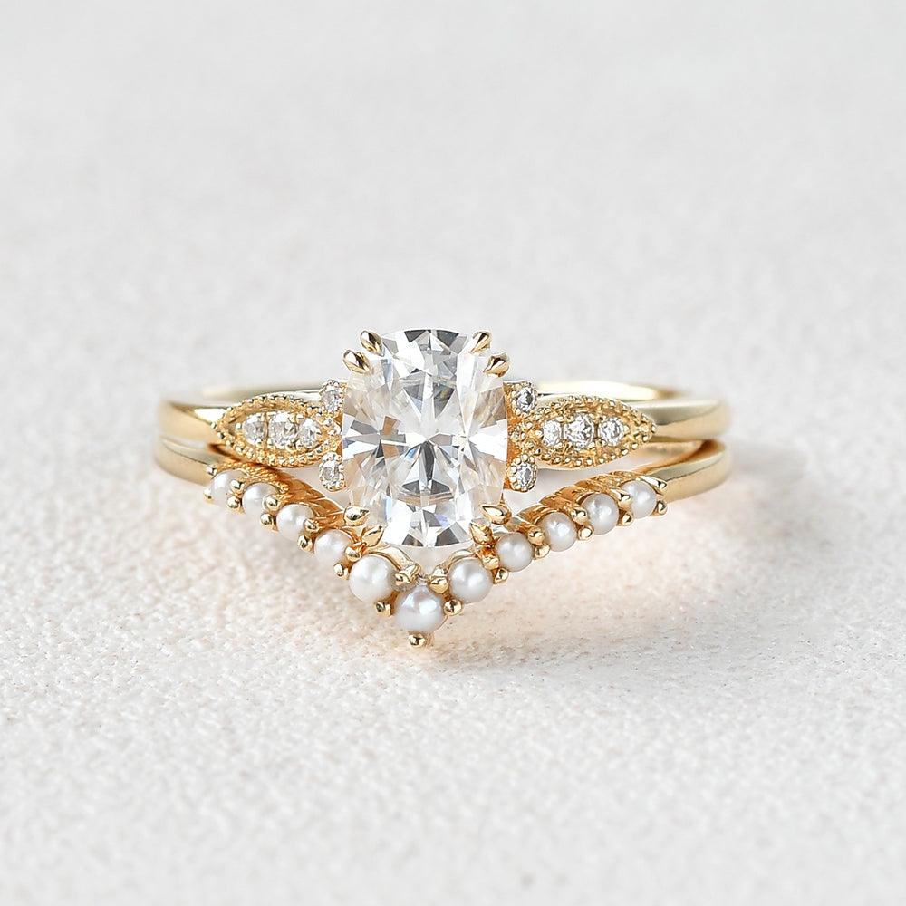 Felicegals 2ct Oval Cut Moissanite & Pearl Vintage Ring Set 2pcs - Felicegals 丨Wedding ring 丨Fashion ring 丨Diamond ring 丨Gemstone ring-Jewelry-Felicegals 丨Wedding ring 丨Fashion ring 丨Diamond ring 丨Gemstone ring