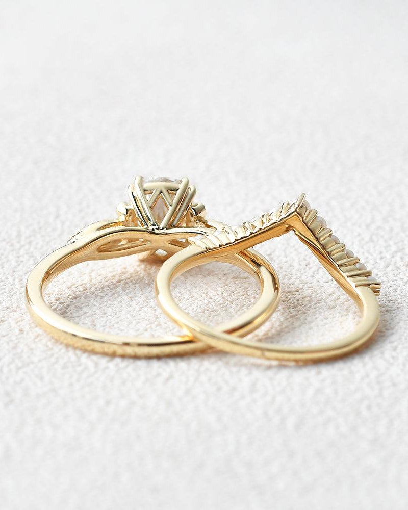 Felicegals 2ct Oval Cut Moissanite & Pearl Vintage Ring Set 2pcs - Felicegals 丨Wedding ring 丨Fashion ring 丨Diamond ring 丨Gemstone ring-Jewelry-Felicegals 丨Wedding ring 丨Fashion ring 丨Diamond ring 丨Gemstone ring