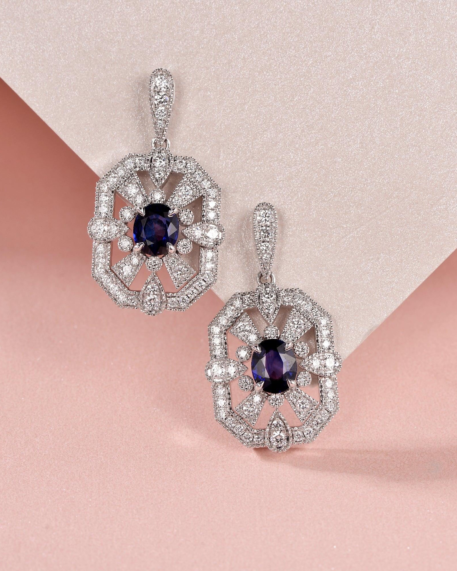 Art-Deco Oval Sapphire White Gold Earrings - Felicegals 丨Wedding ring 丨Fashion ring 丨Diamond ring 丨Gemstone ring--Felicegals 丨Wedding ring 丨Fashion ring 丨Diamond ring 丨Gemstone ring