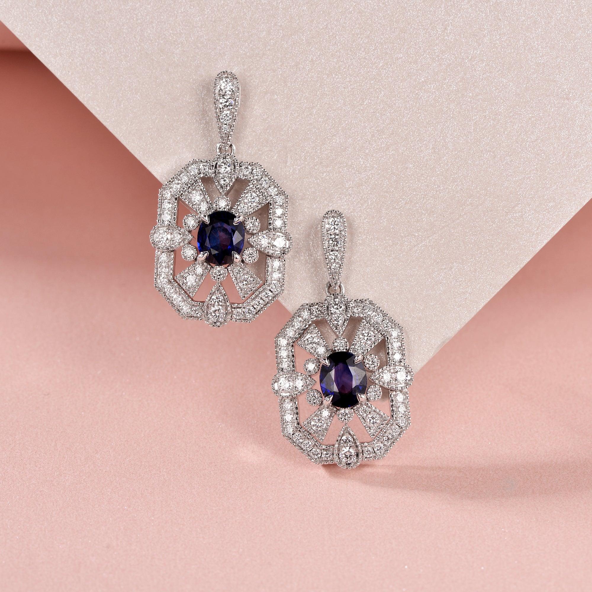 Art-Deco Oval Sapphire White Gold Earrings - Felicegals 丨Wedding ring 丨Fashion ring 丨Diamond ring 丨Gemstone ring--Felicegals 丨Wedding ring 丨Fashion ring 丨Diamond ring 丨Gemstone ring