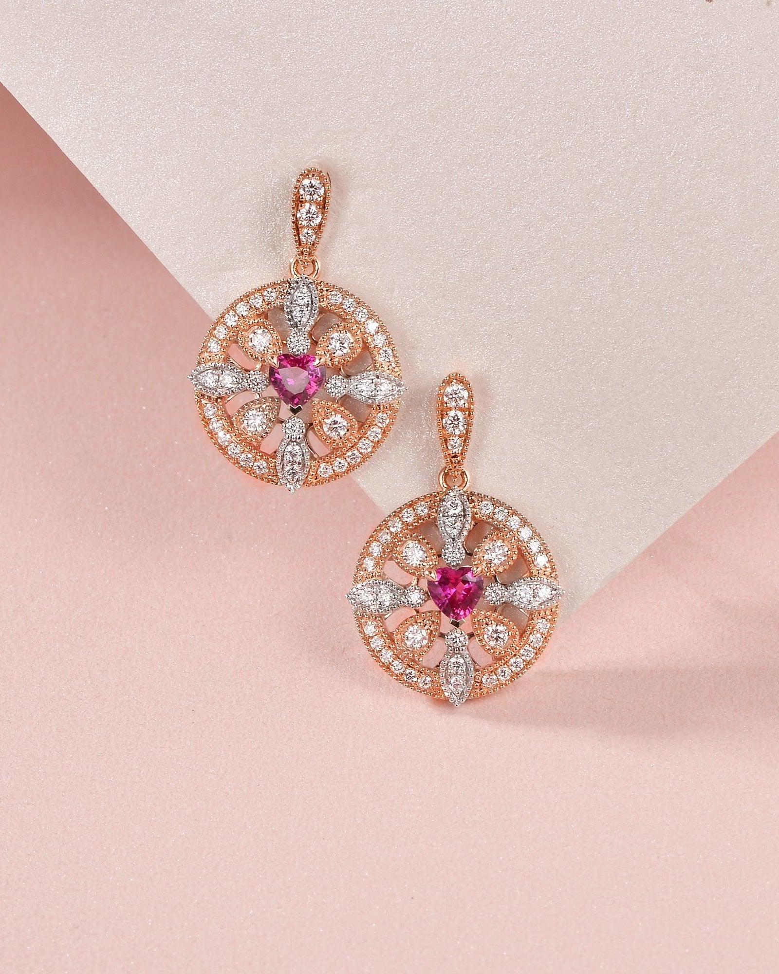 Art-Deco Heart Shaped Ruby Rose Gold Earrings - Felicegals 丨Wedding ring 丨Fashion ring 丨Diamond ring 丨Gemstone ring--Felicegals 丨Wedding ring 丨Fashion ring 丨Diamond ring 丨Gemstone ring