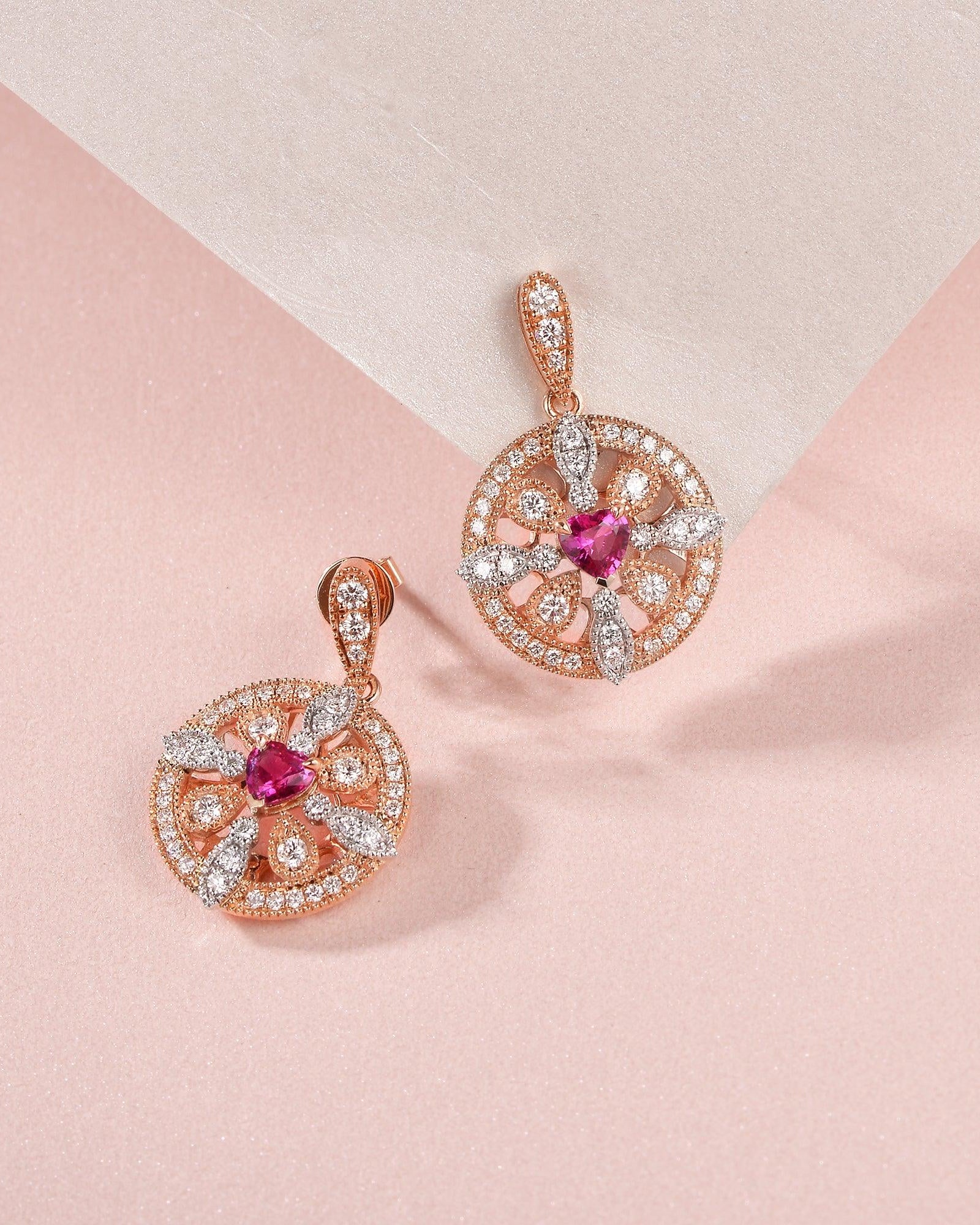 Art-Deco Heart Shaped Ruby Rose Gold Earrings - Felicegals 丨Wedding ring 丨Fashion ring 丨Diamond ring 丨Gemstone ring--Felicegals 丨Wedding ring 丨Fashion ring 丨Diamond ring 丨Gemstone ring