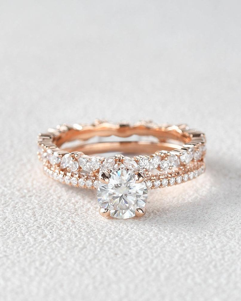 Felicegals 1ct Round Cut Moissanite Ring Set 2pcs - Felicegals 丨Wedding ring 丨Fashion ring 丨Diamond ring 丨Gemstone ring-Jewelry-Felicegals 丨Wedding ring 丨Fashion ring 丨Diamond ring 丨Gemstone ring