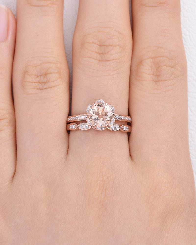 Morganite & Moissanite Wedding Ring Set 2pcs - Felicegals