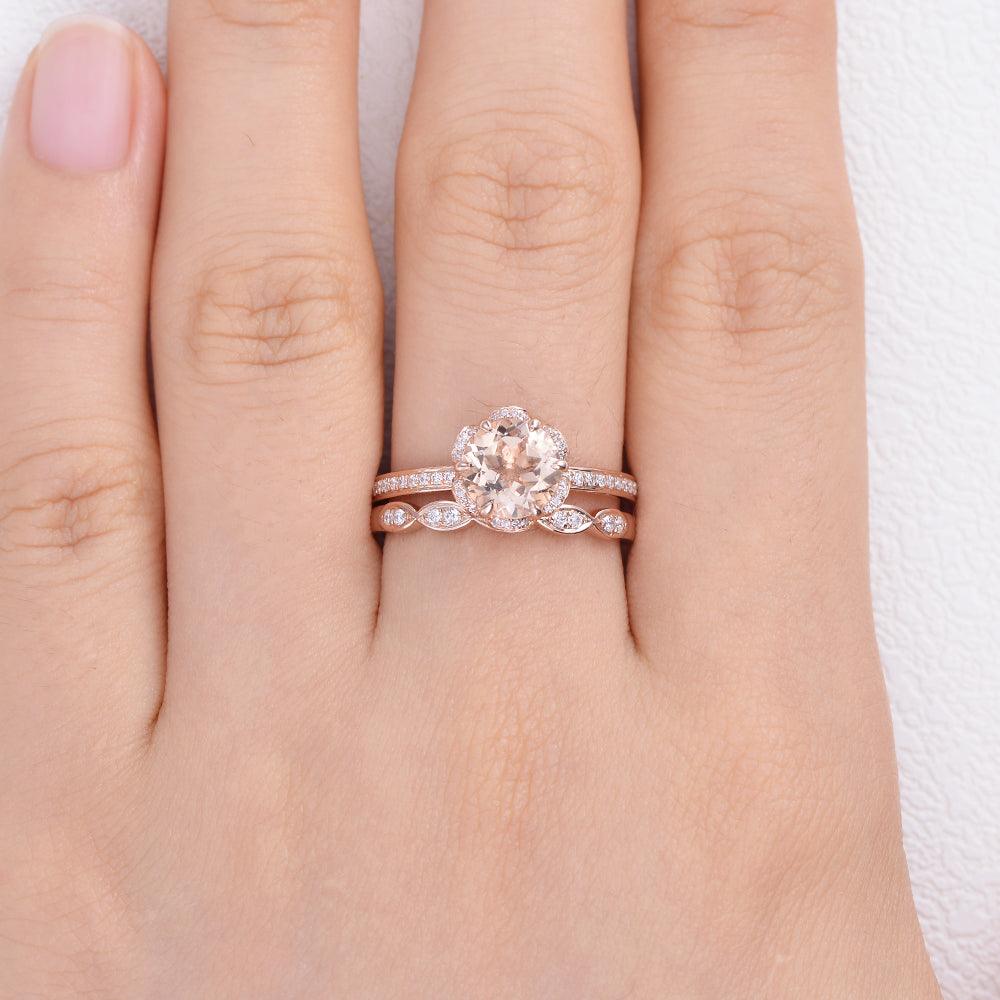 Morganite & Moissanite Wedding Ring Set 2pcs - Felicegals