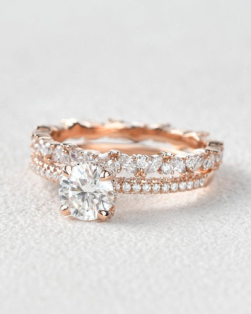 Felicegals 1ct Round Cut Moissanite Ring Set 2pcs - Felicegals 丨Wedding ring 丨Fashion ring 丨Diamond ring 丨Gemstone ring-Jewelry-Felicegals 丨Wedding ring 丨Fashion ring 丨Diamond ring 丨Gemstone ring