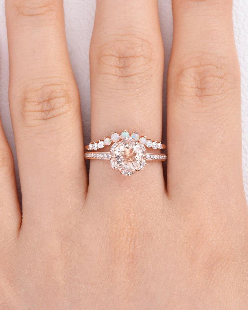 1.2ct Peachy Morganite & Natural Opal Ring Set 2pcs - Felicegals