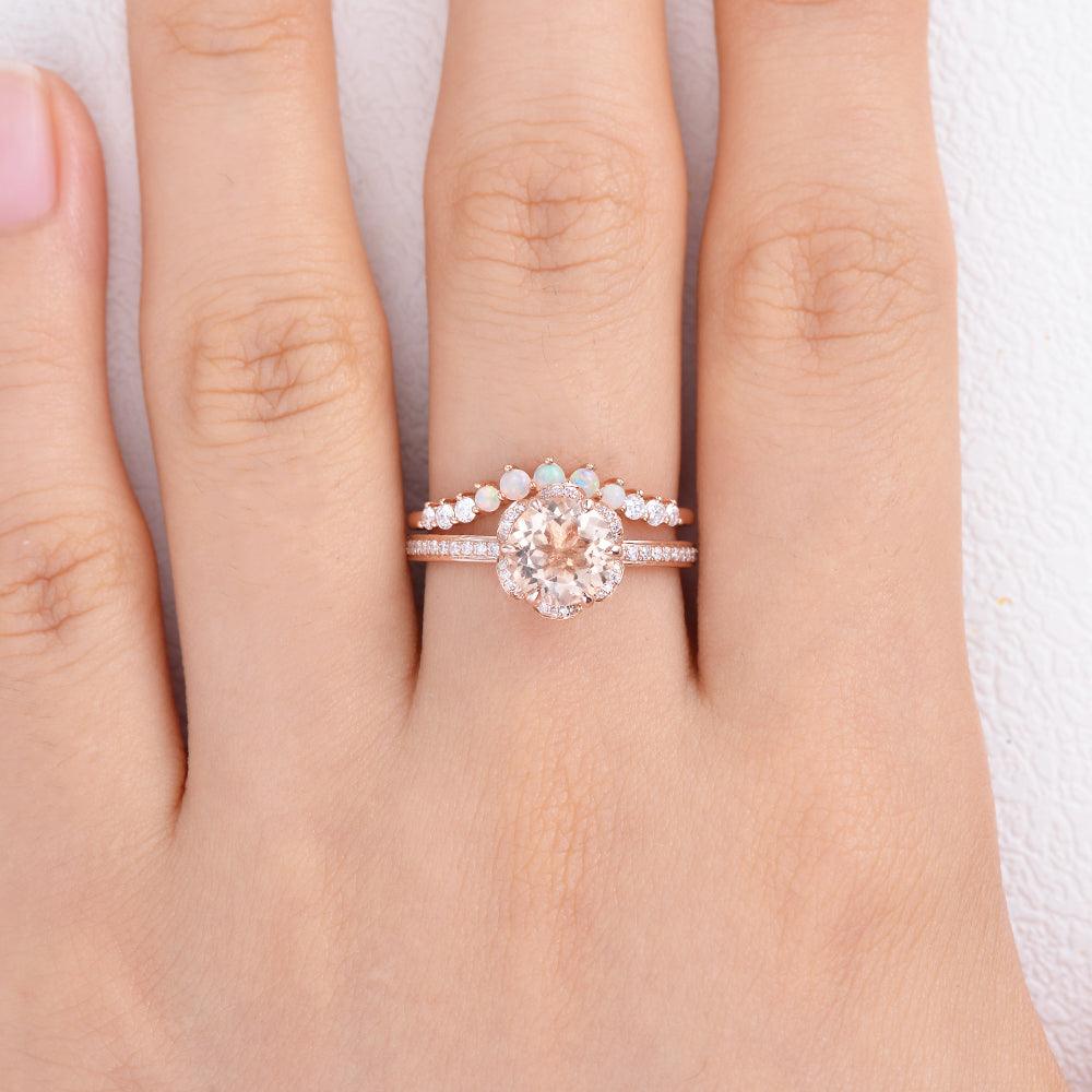 1.2ct Peachy Morganite & Natural Opal Ring Set 2pcs - Felicegals