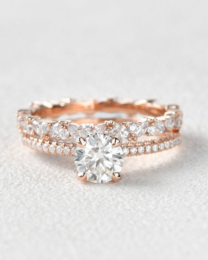 Felicegals 1ct Round Cut Moissanite Ring Set 2pcs - Felicegals 丨Wedding ring 丨Fashion ring 丨Diamond ring 丨Gemstone ring-Jewelry-Felicegals 丨Wedding ring 丨Fashion ring 丨Diamond ring 丨Gemstone ring