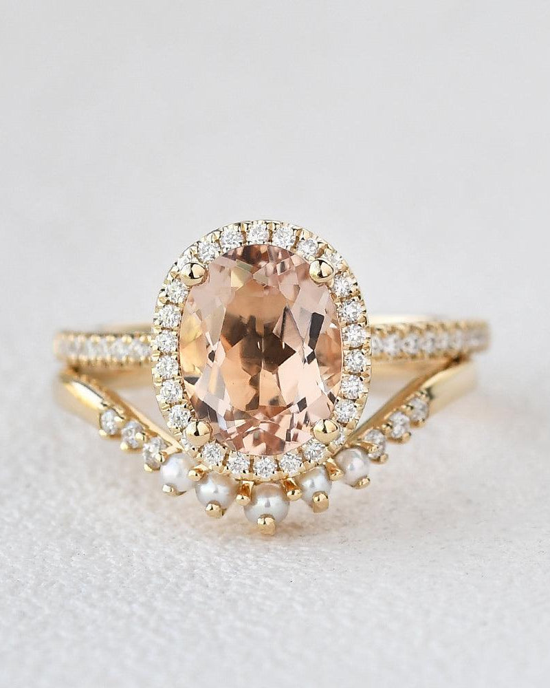 Oval Peachy Morganite & Pearls Yellow Gold Ring Set 2pcs - Felicegals 丨Wedding ring 丨Fashion ring 丨Diamond ring 丨Gemstone ring-Jewelry-Felicegals