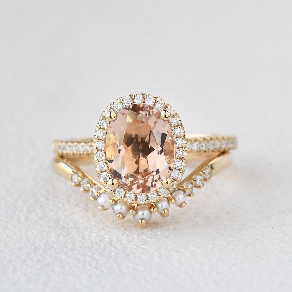 Oval Peachy Morganite & Pearls Yellow Gold Ring Set 2pcs - Felicegals 丨Wedding ring 丨Fashion ring 丨Diamond ring 丨Gemstone ring-Jewelry-Felicegals