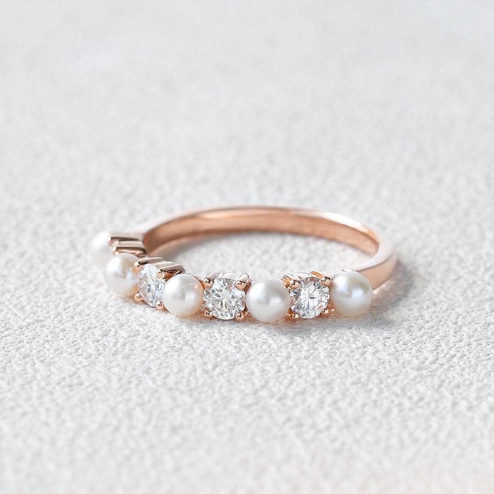 Minimalist Natural Pearl & Moissanite Ring - Felicegals 丨Wedding ring 丨Fashion ring 丨Diamond ring 丨Gemstone ring--Felicegals
