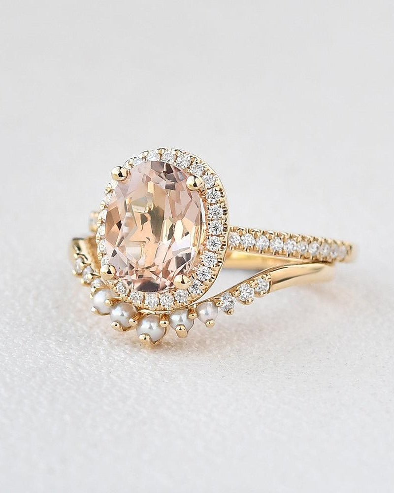 Oval Peachy Morganite & Pearls Yellow Gold Ring Set 2pcs - Felicegals 丨Wedding ring 丨Fashion ring 丨Diamond ring 丨Gemstone ring-Jewelry-Felicegals