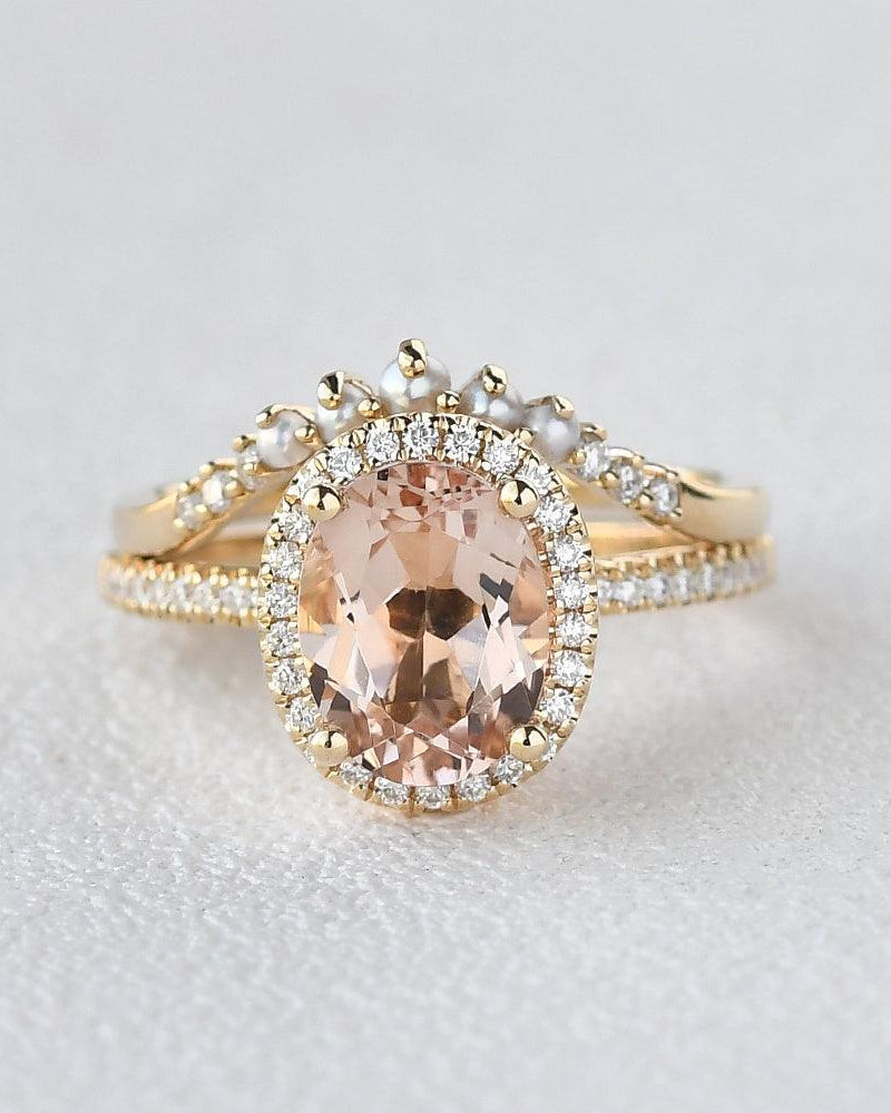 Oval Peachy Morganite & Pearls Yellow Gold Ring Set 2pcs - Felicegals 丨Wedding ring 丨Fashion ring 丨Diamond ring 丨Gemstone ring-Jewelry-Felicegals