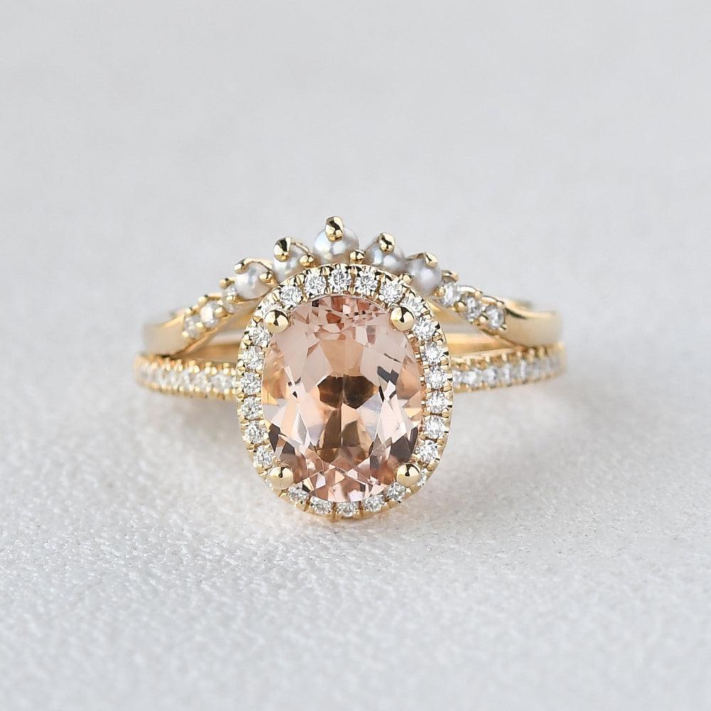 Oval Peachy Morganite & Pearls Yellow Gold Ring Set 2pcs - Felicegals 丨Wedding ring 丨Fashion ring 丨Diamond ring 丨Gemstone ring-Jewelry-Felicegals