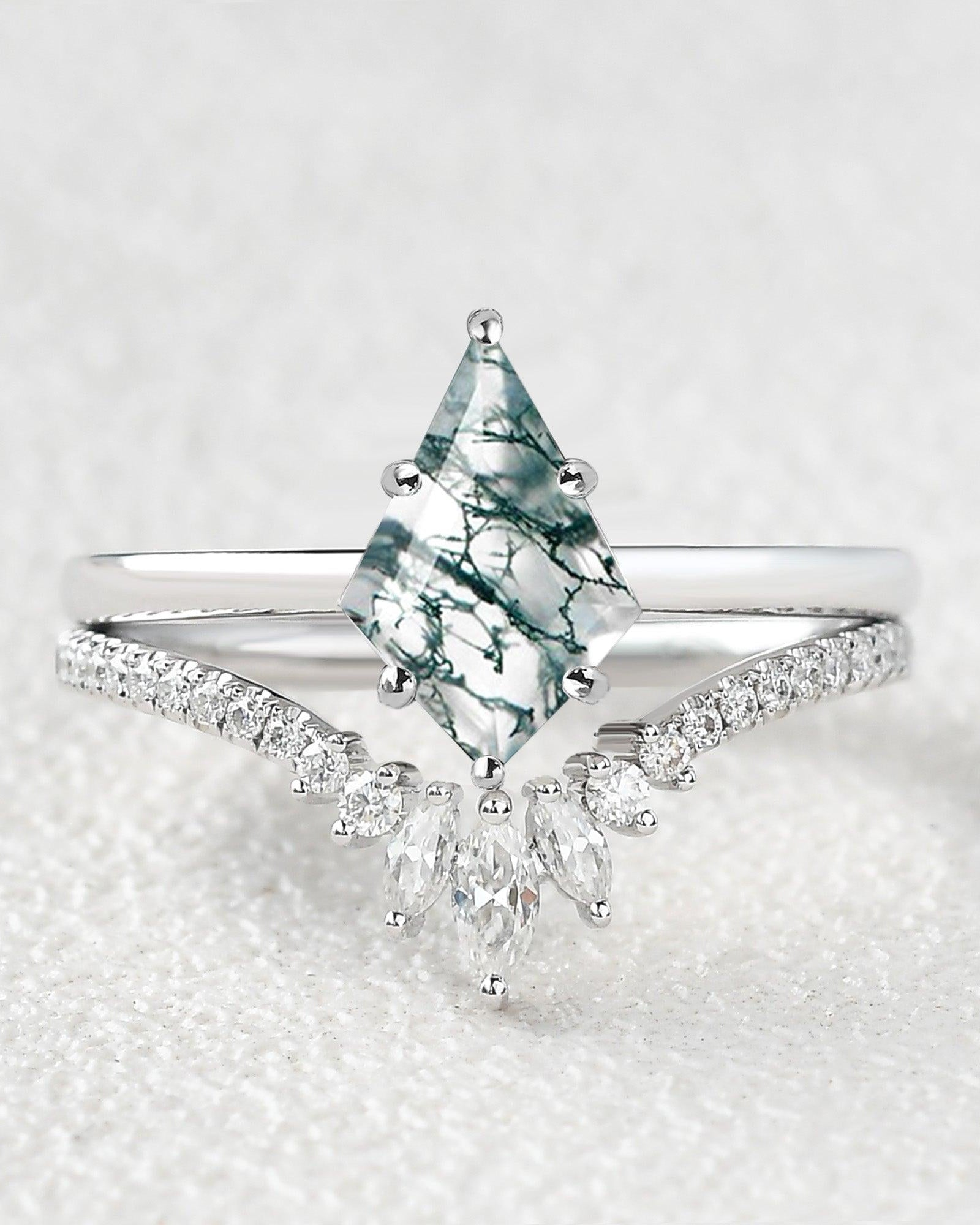 Kite Cut Moss Agate Cluster Engagement Ring Set 2pcs - Felicegals 丨Wedding ring 丨Fashion ring 丨Diamond ring 丨Gemstone ring