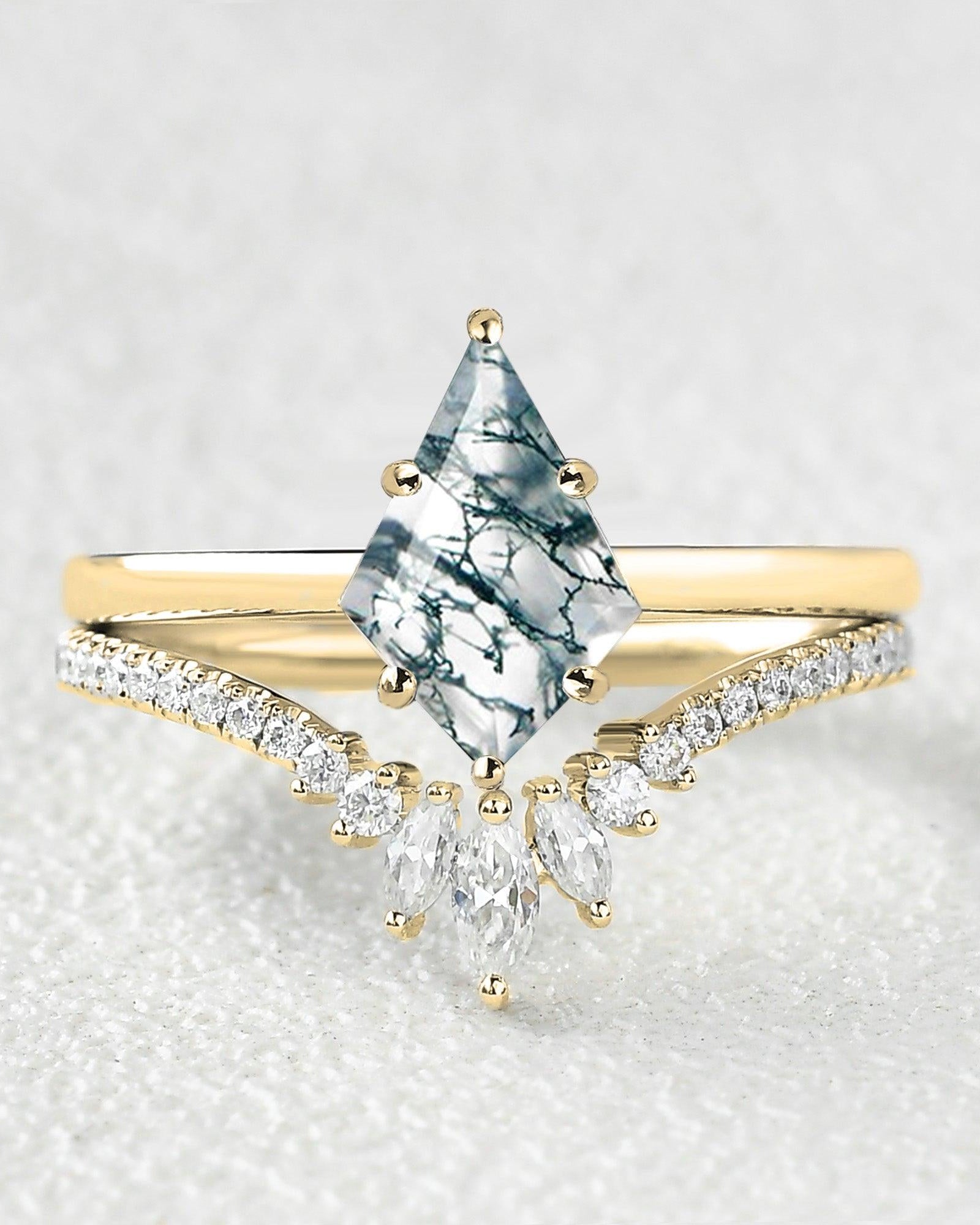 Kite Cut Moss Agate Cluster Engagement Ring Set 2pcs - Felicegals 丨Wedding ring 丨Fashion ring 丨Diamond ring 丨Gemstone ring