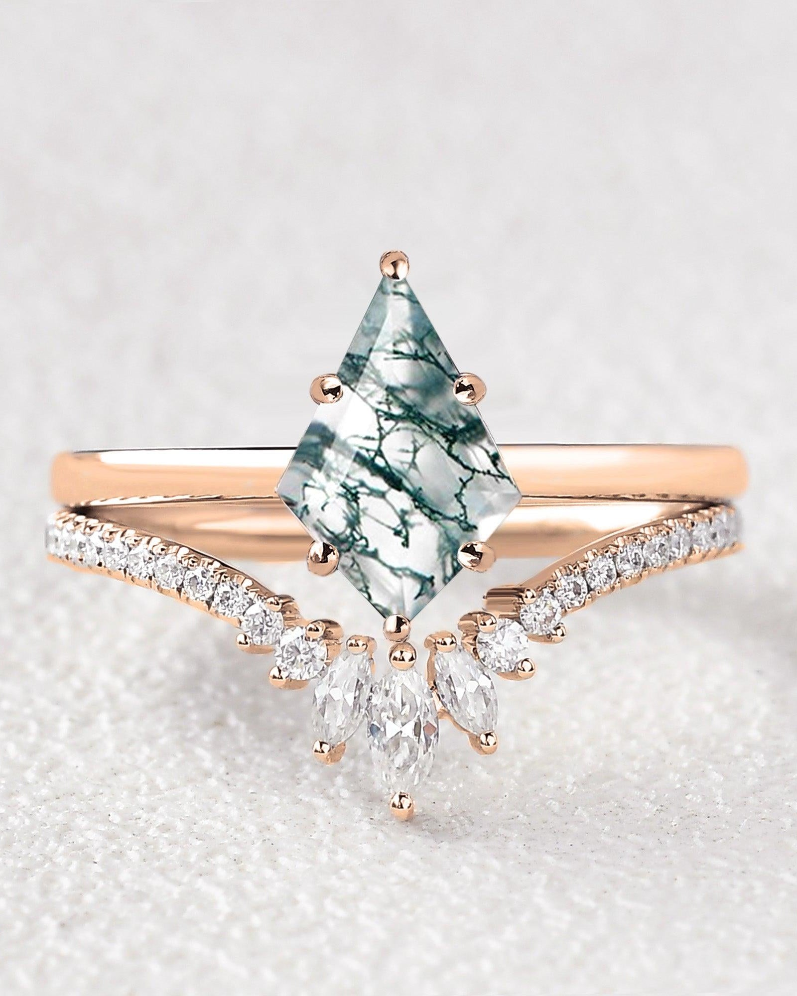 Kite Cut Moss Agate Cluster Engagement Ring Set 2pcs - Felicegals 丨Wedding ring 丨Fashion ring 丨Diamond ring 丨Gemstone ring