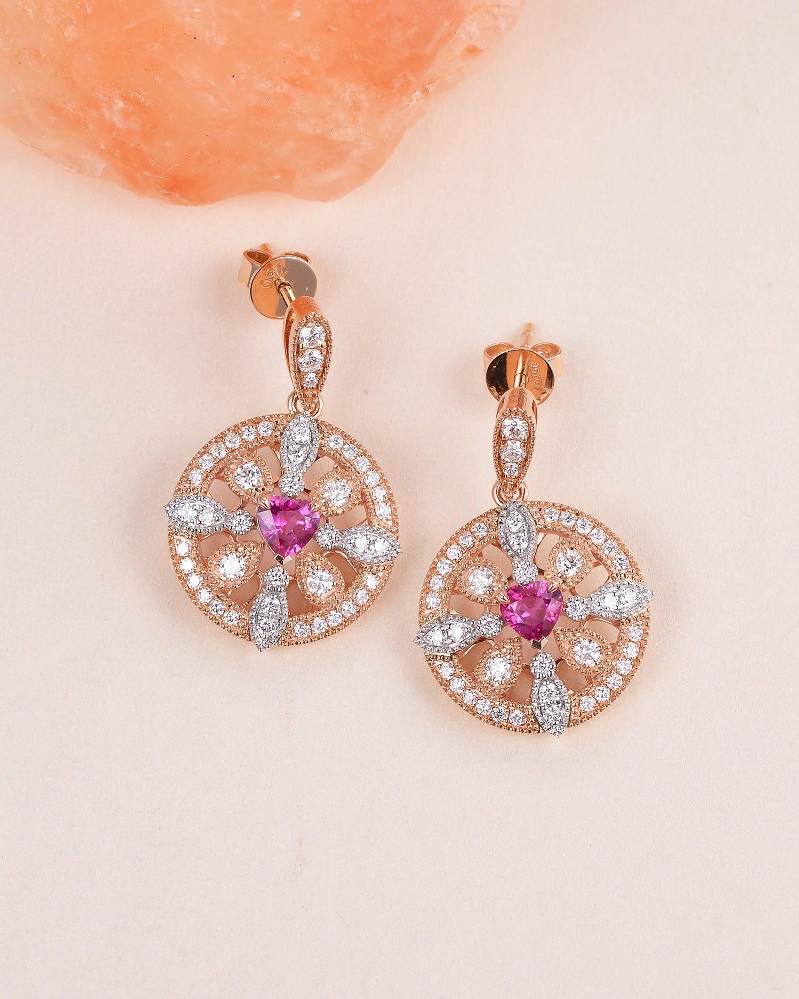 Art-Deco Heart Shaped Ruby Rose Gold Earrings - Felicegals 丨Wedding ring 丨Fashion ring 丨Diamond ring 丨Gemstone ring--Felicegals 丨Wedding ring 丨Fashion ring 丨Diamond ring 丨Gemstone ring