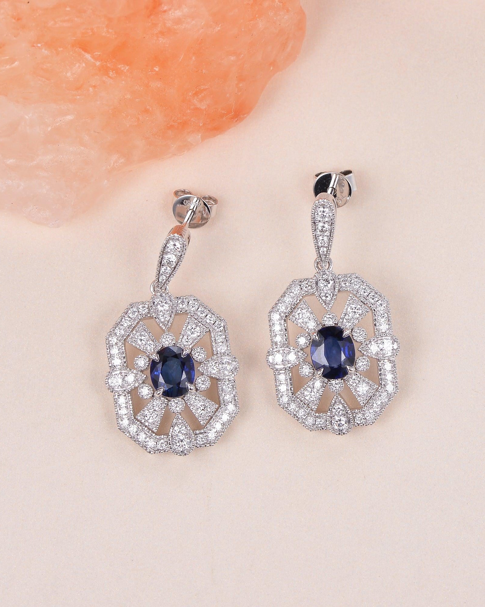 Art-Deco Oval Sapphire White Gold Earrings - Felicegals 丨Wedding ring 丨Fashion ring 丨Diamond ring 丨Gemstone ring--Felicegals 丨Wedding ring 丨Fashion ring 丨Diamond ring 丨Gemstone ring