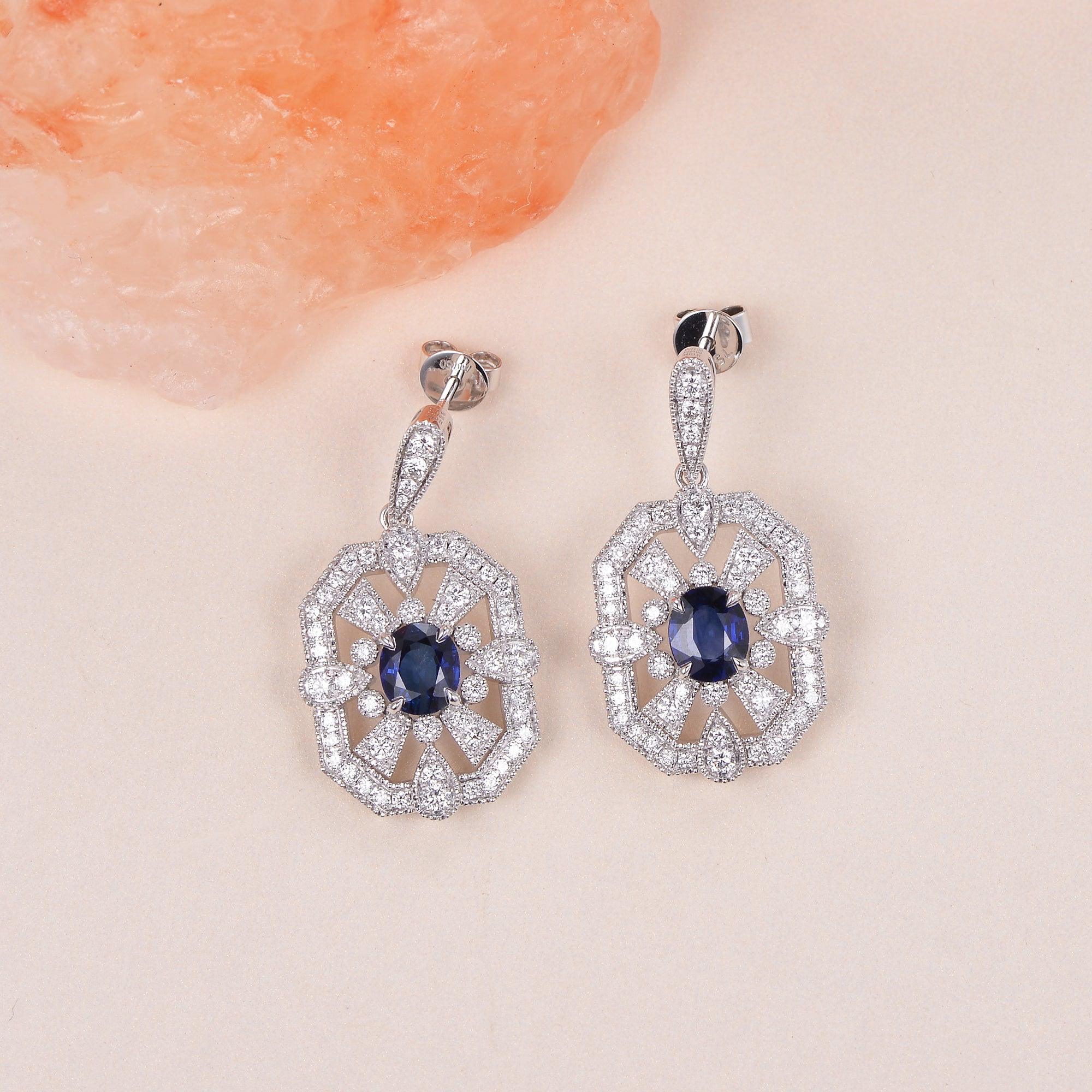 Art-Deco Oval Sapphire White Gold Earrings - Felicegals 丨Wedding ring 丨Fashion ring 丨Diamond ring 丨Gemstone ring--Felicegals 丨Wedding ring 丨Fashion ring 丨Diamond ring 丨Gemstone ring