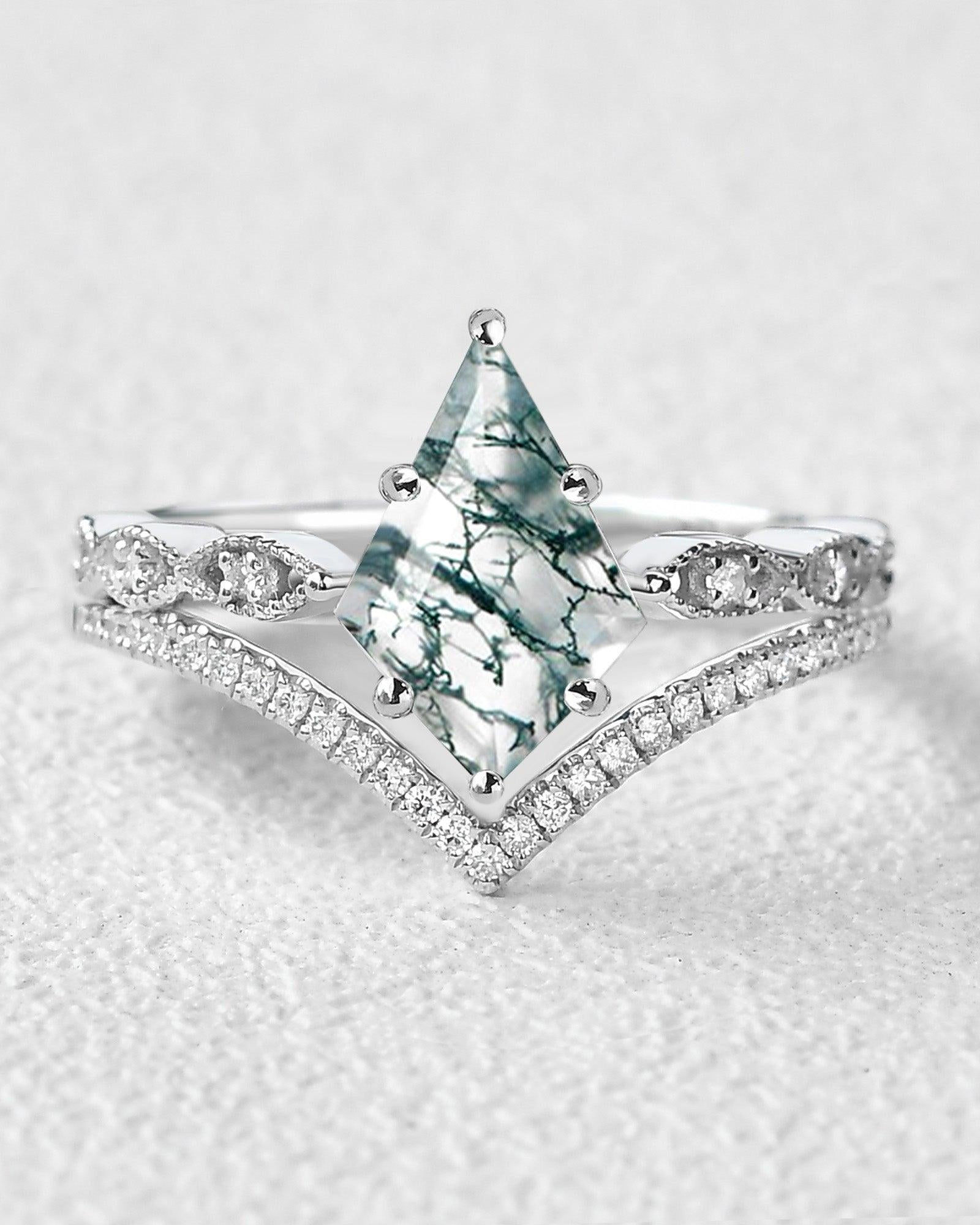 Kite Cut Moss Agate Art-Deco Engagement Ring Set 2pcs - Felicegals 丨Wedding ring 丨Fashion ring 丨Diamond ring 丨Gemstone ring