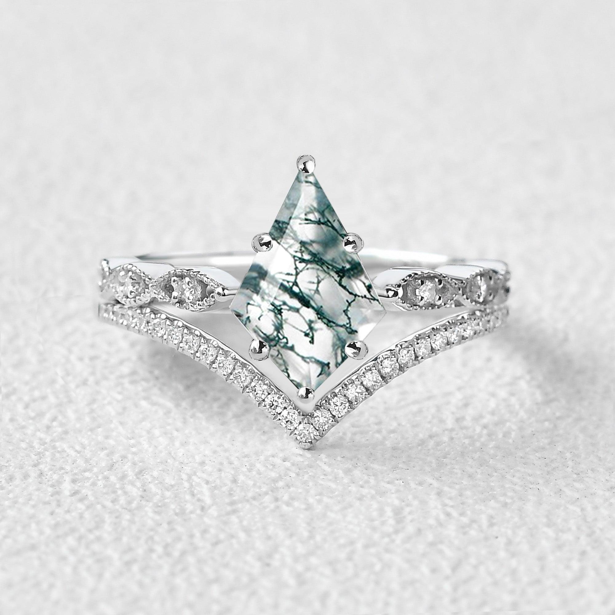 Kite Cut Moss Agate Art-Deco Engagement Ring Set 2pcs - Felicegals 丨Wedding ring 丨Fashion ring 丨Diamond ring 丨Gemstone ring