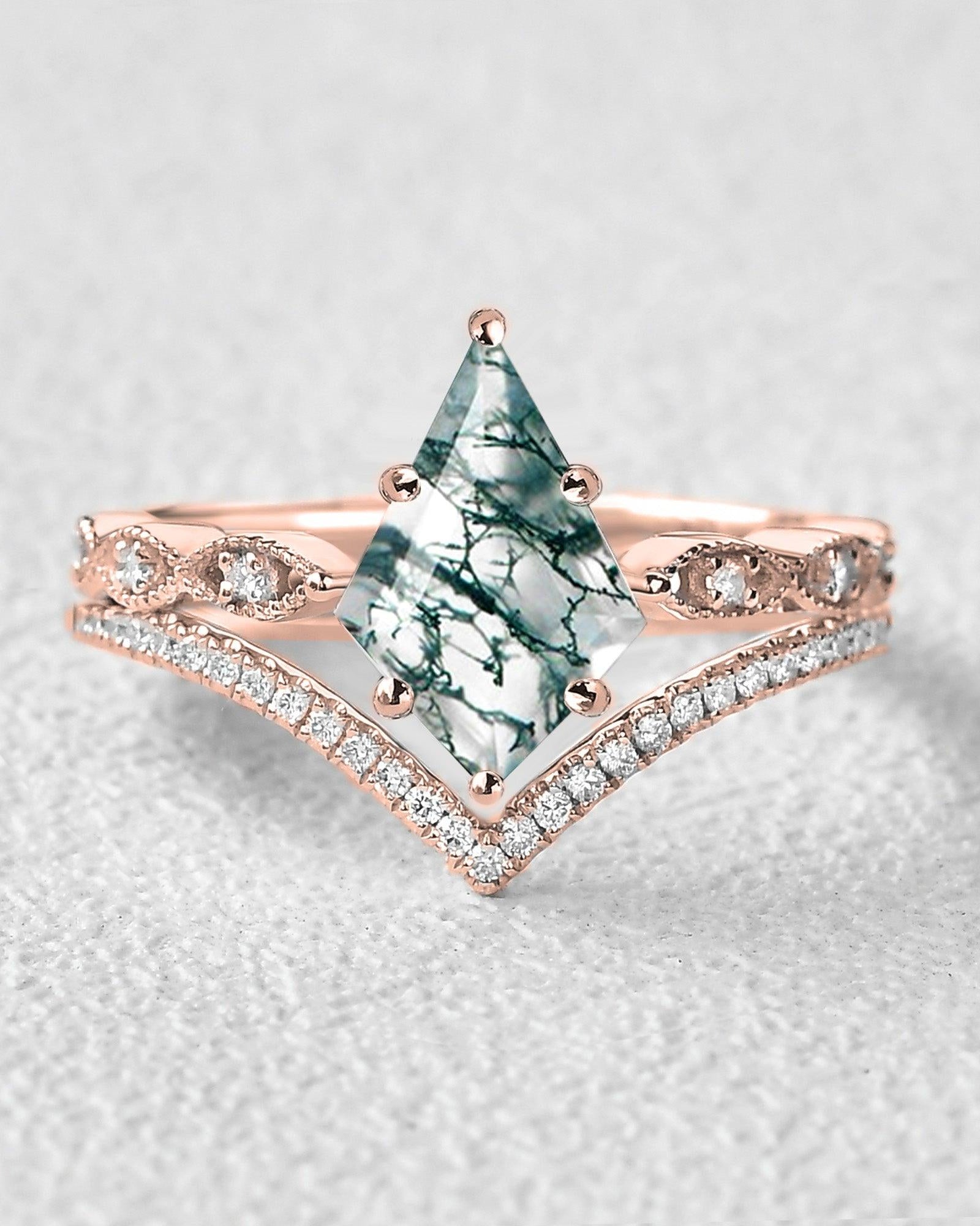 Kite Cut Moss Agate Art-Deco Engagement Ring Set 2pcs - Felicegals 丨Wedding ring 丨Fashion ring 丨Diamond ring 丨Gemstone ring