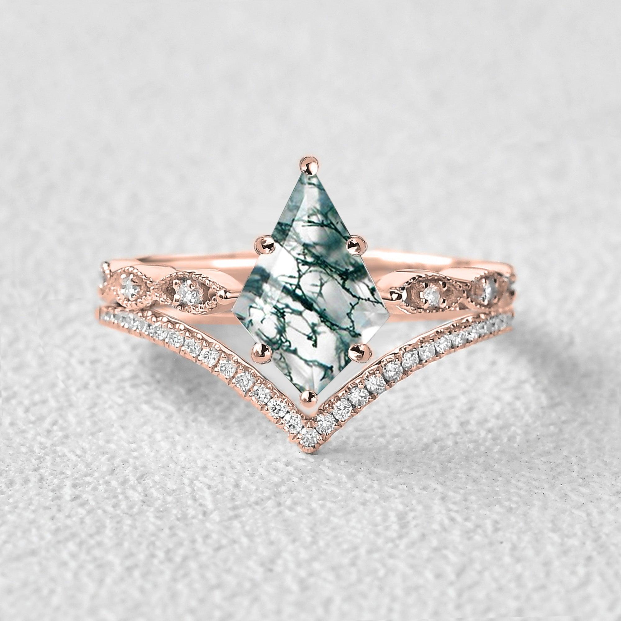 Kite Cut Moss Agate Art-Deco Engagement Ring Set 2pcs - Felicegals 丨Wedding ring 丨Fashion ring 丨Diamond ring 丨Gemstone ring