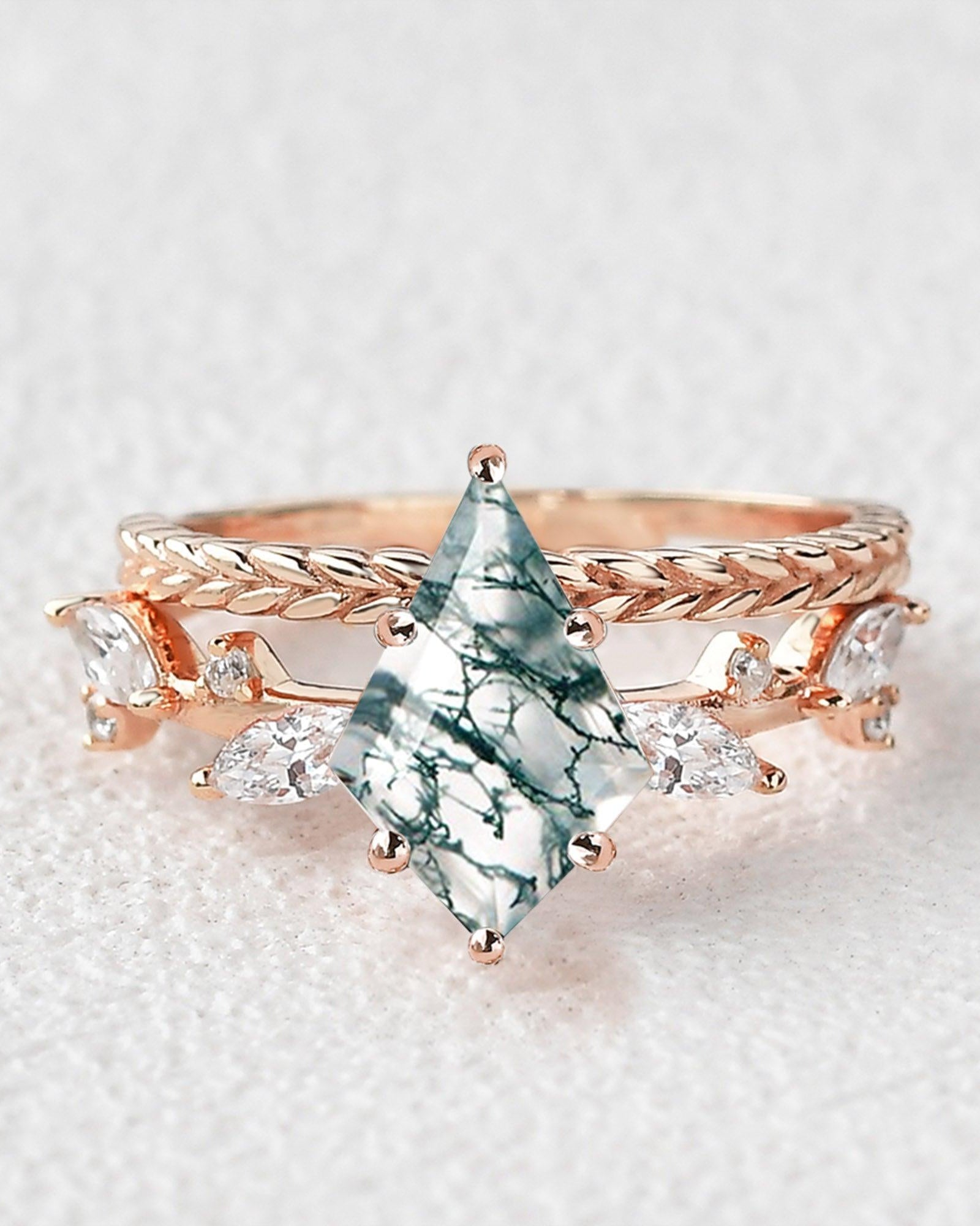 Kite Cut Moss Agate Leafy Vintage Engagement Ring Set 2pcs - Felicegals 丨Wedding ring 丨Fashion ring 丨Diamond ring 丨Gemstone ring