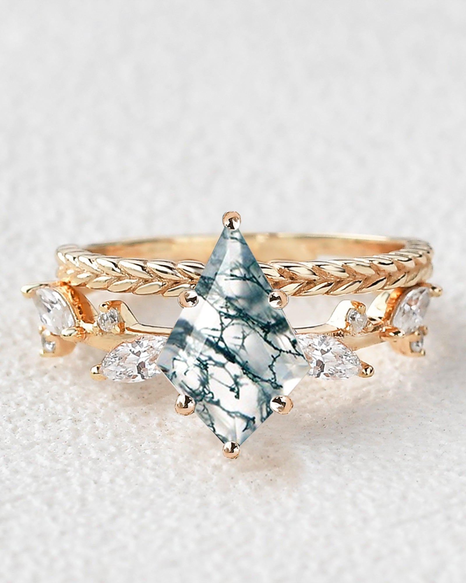 Kite Cut Moss Agate Leafy Vintage Engagement Ring Set 2pcs - Felicegals 丨Wedding ring 丨Fashion ring 丨Diamond ring 丨Gemstone ring