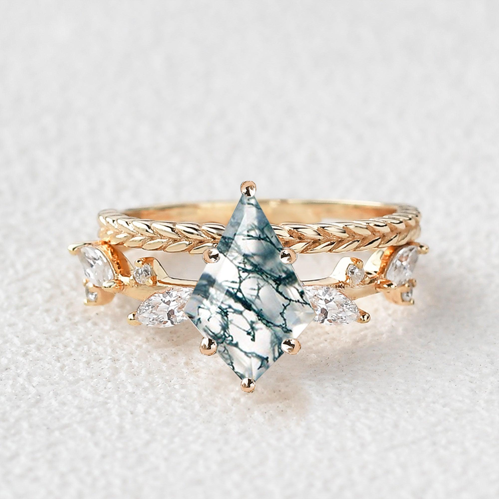 Kite Cut Moss Agate Leafy Vintage Engagement Ring Set 2pcs - Felicegals 丨Wedding ring 丨Fashion ring 丨Diamond ring 丨Gemstone ring