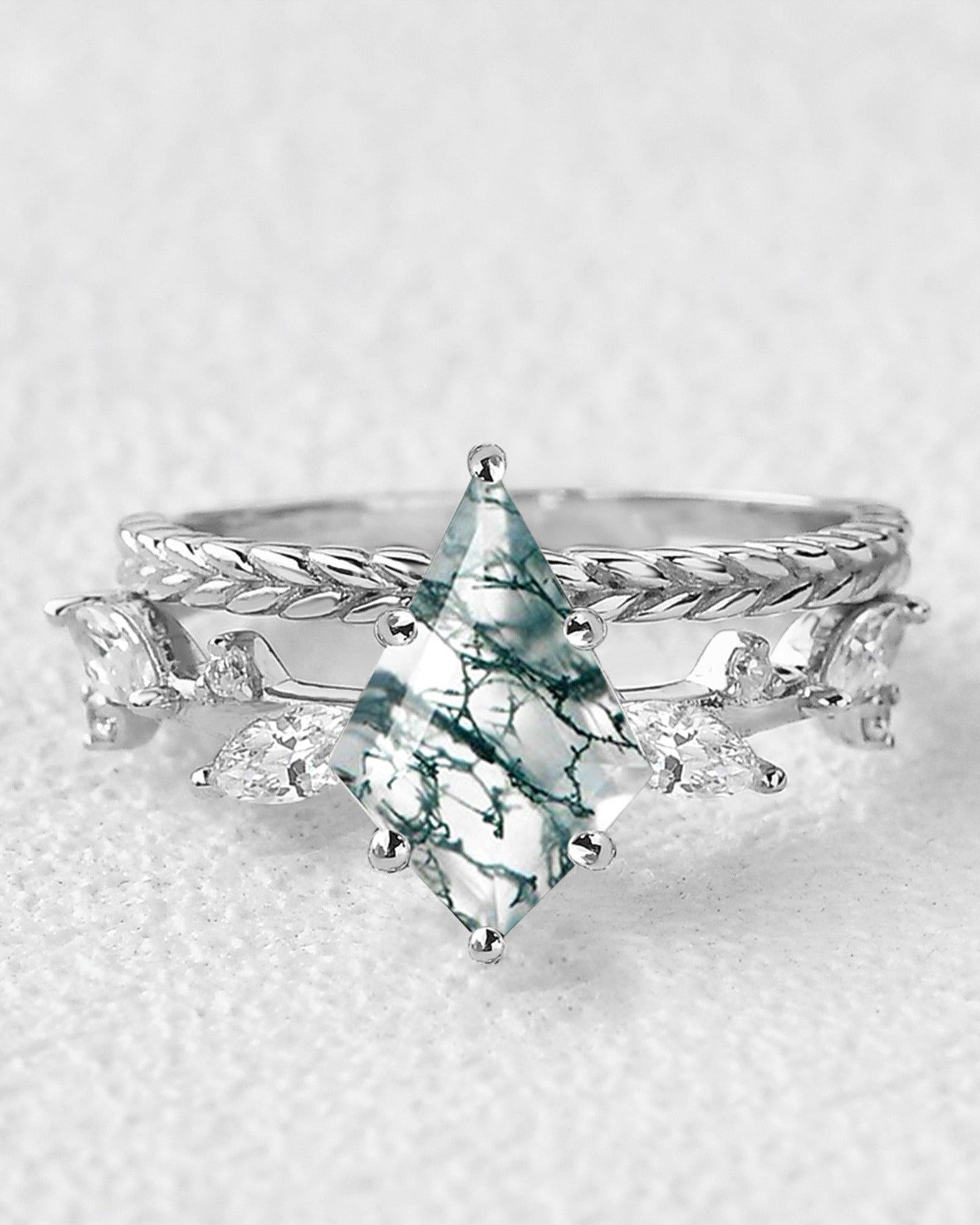 Kite Cut Moss Agate Leafy Vintage Engagement Ring Set 2pcs - Felicegals 丨Wedding ring 丨Fashion ring 丨Diamond ring 丨Gemstone ring