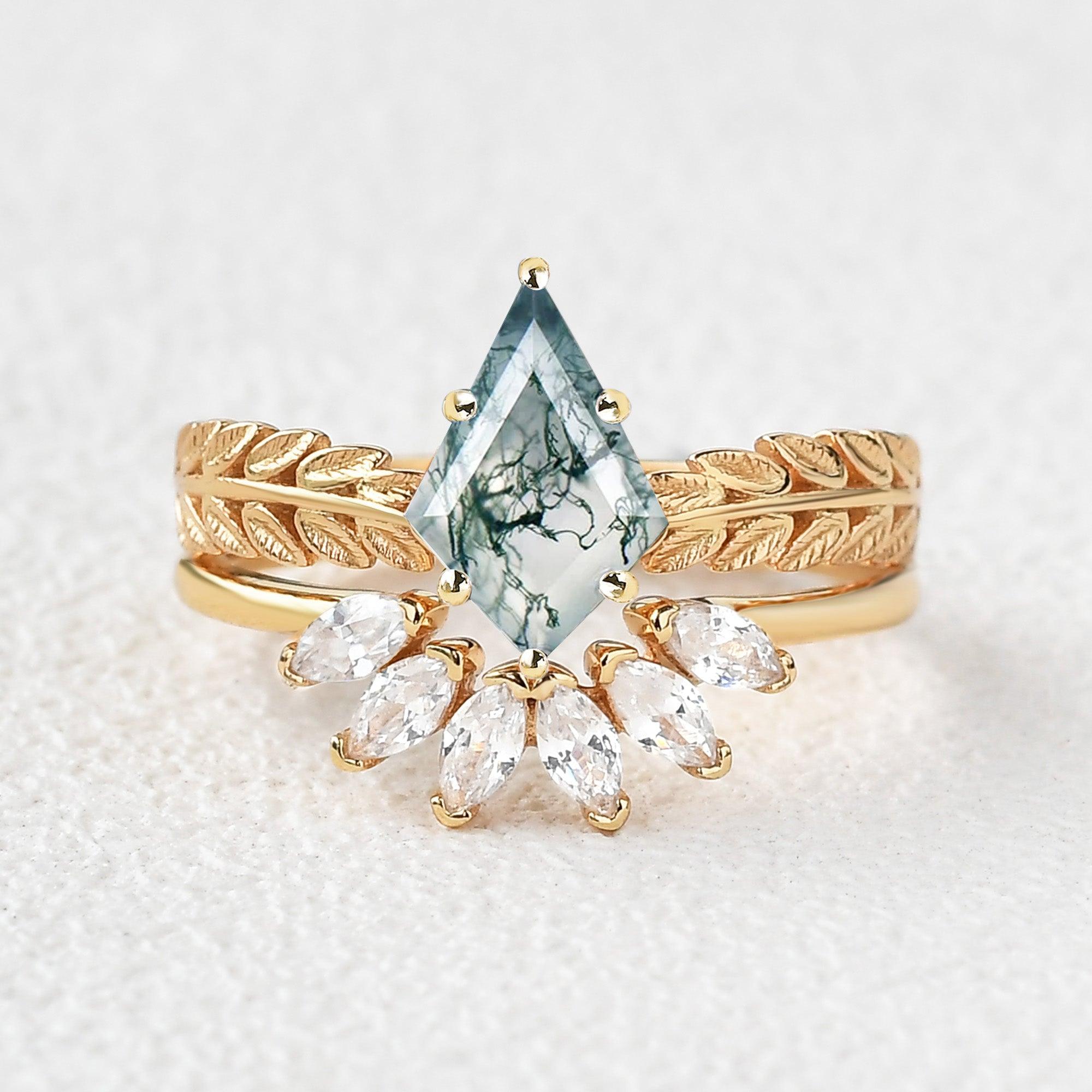 Kite Cut Moss Agate Leafy Cluster Engagement Ring Set 2pcs - Felicegals 丨Wedding ring 丨Fashion ring 丨Diamond ring 丨Gemstone ring