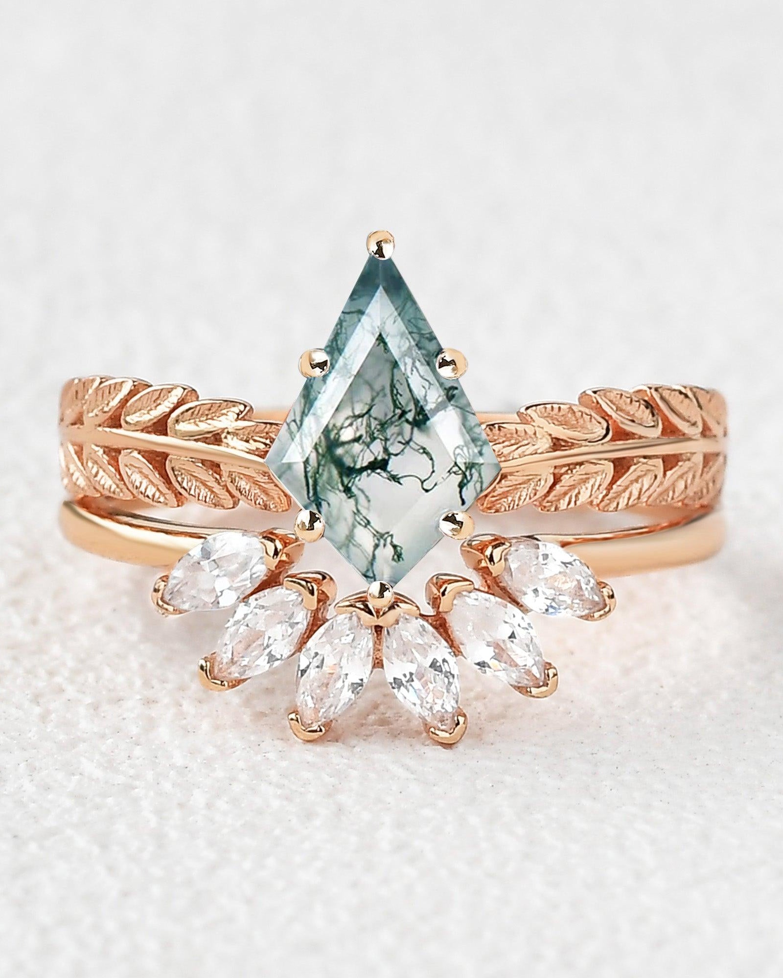 Kite Cut Moss Agate Leafy Cluster Engagement Ring Set 2pcs - Felicegals 丨Wedding ring 丨Fashion ring 丨Diamond ring 丨Gemstone ring