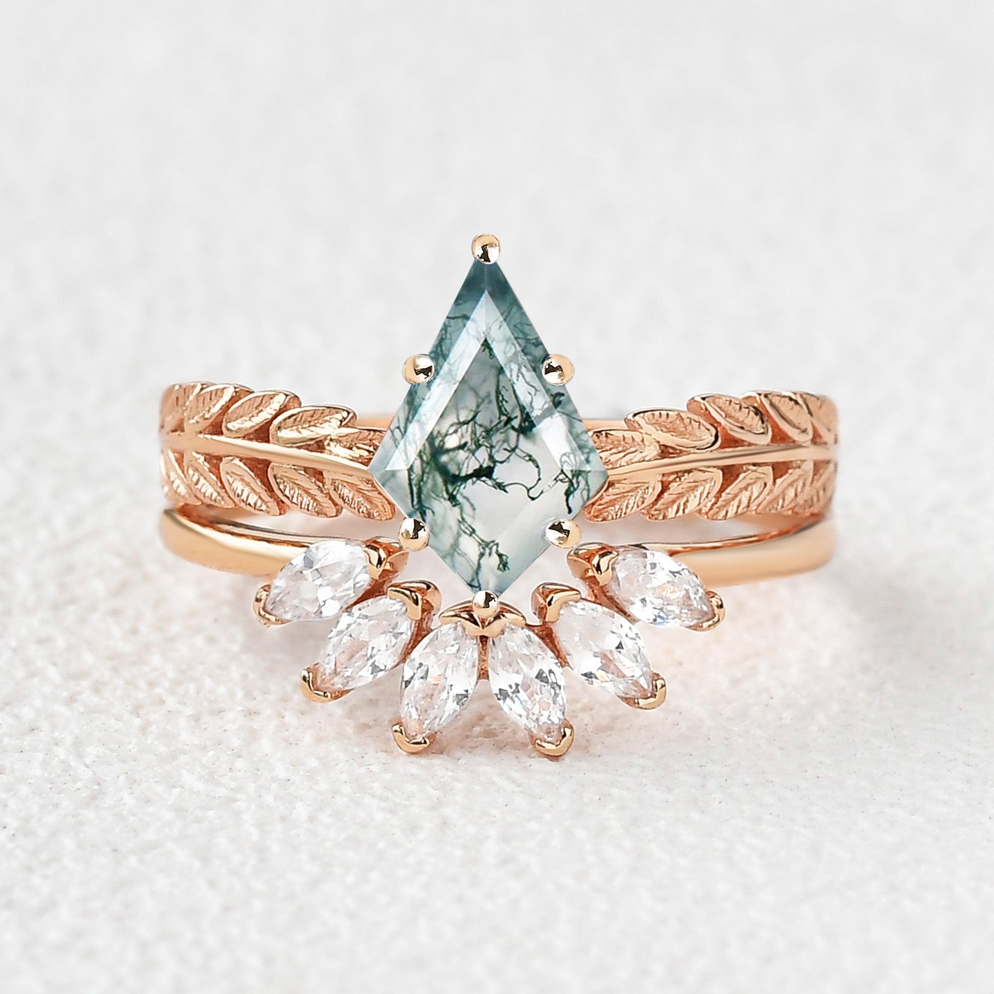 Kite Cut Moss Agate Leafy Cluster Engagement Ring Set 2pcs - Felicegals 丨Wedding ring 丨Fashion ring 丨Diamond ring 丨Gemstone ring