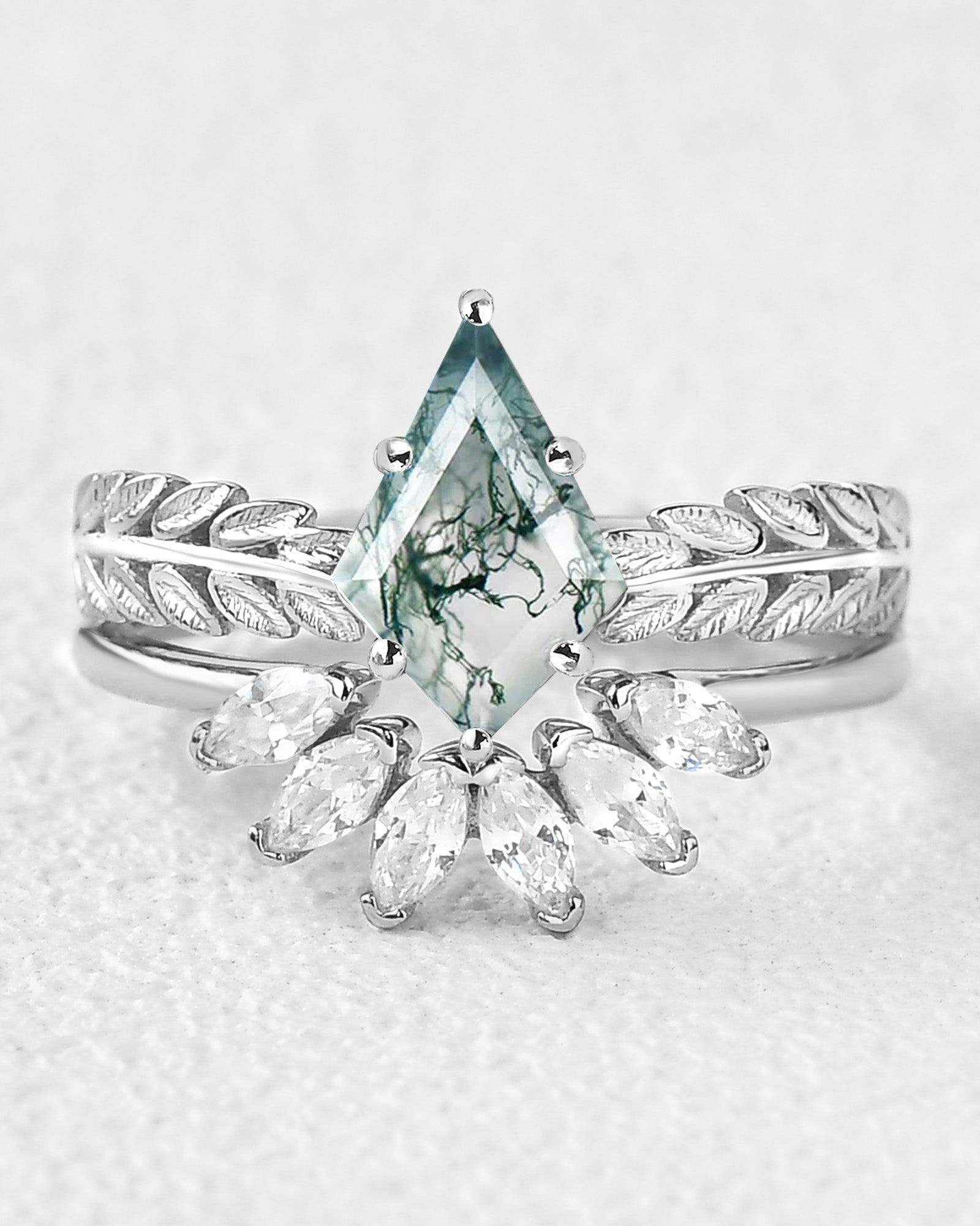 Kite Cut Moss Agate Leafy Cluster Engagement Ring Set 2pcs - Felicegals 丨Wedding ring 丨Fashion ring 丨Diamond ring 丨Gemstone ring