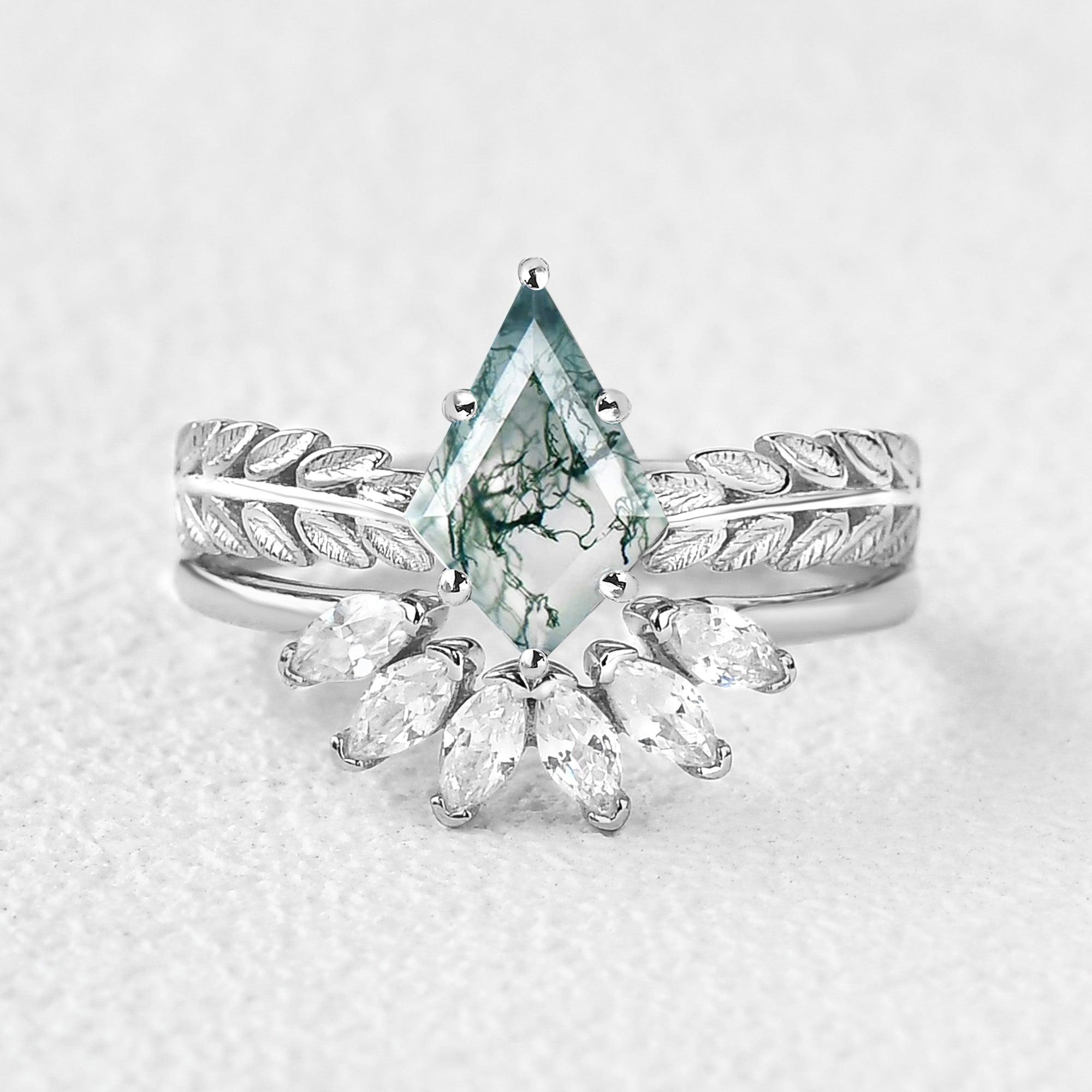 Kite Cut Moss Agate Leafy Cluster Engagement Ring Set 2pcs - Felicegals 丨Wedding ring 丨Fashion ring 丨Diamond ring 丨Gemstone ring