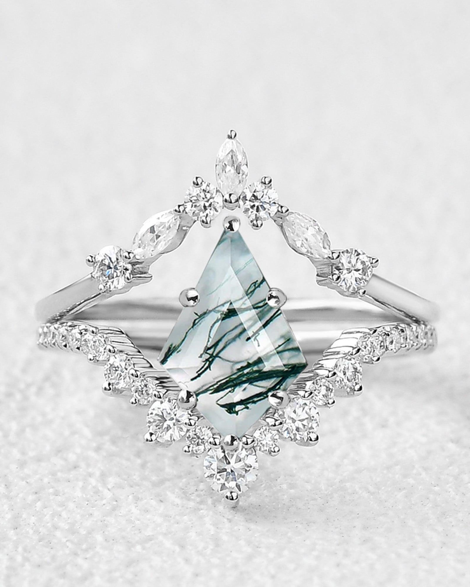 Kite Cut Moss Agate Chevron Engagement Ring Set 2pcs - Felicegals 丨Wedding ring 丨Fashion ring 丨Diamond ring 丨Gemstone ring