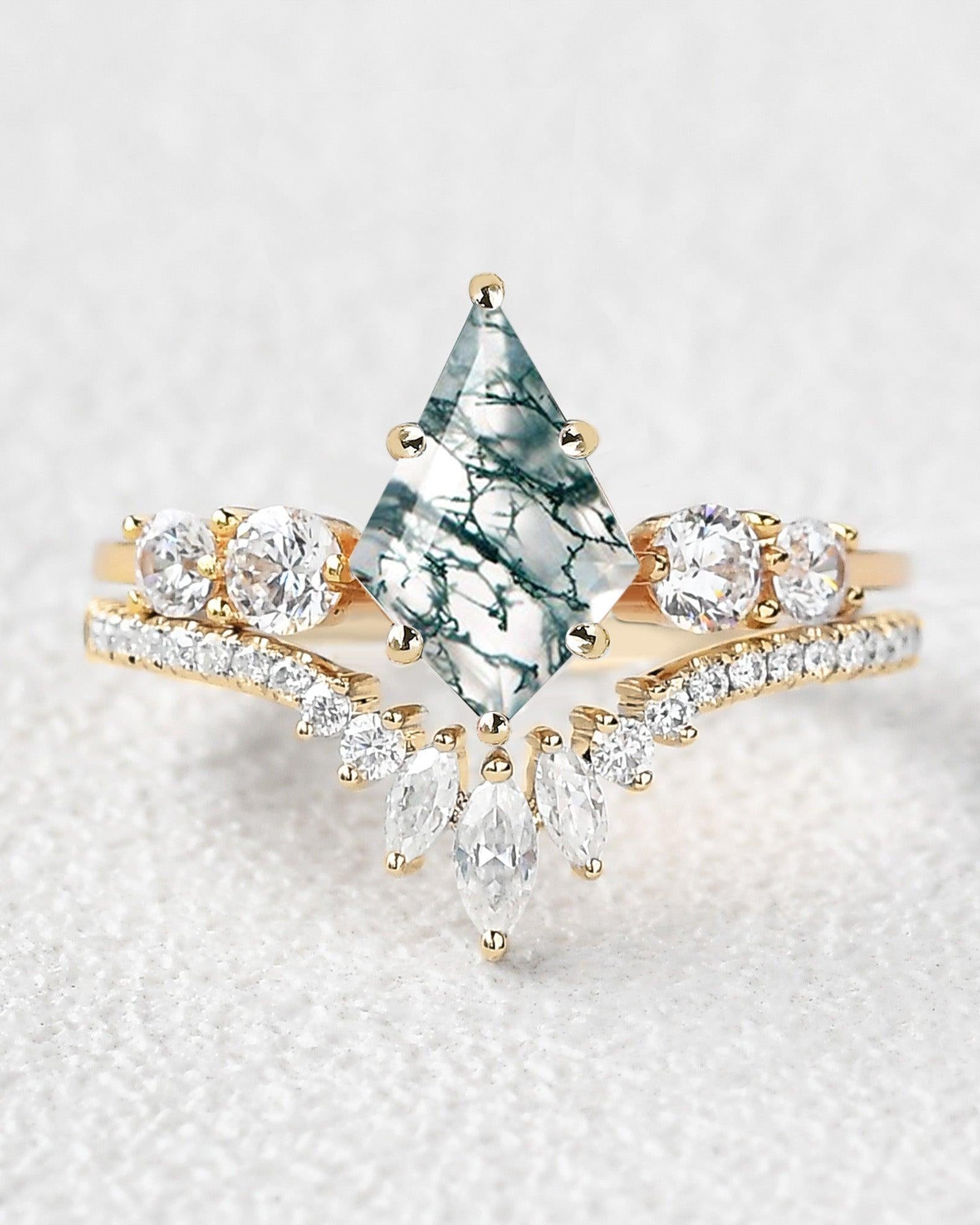 Round Staccato Kite Cut Moss Agate Engagement Ring Set 2pcs - Felicegals 丨Wedding ring 丨Fashion ring 丨Diamond ring 丨Gemstone ring