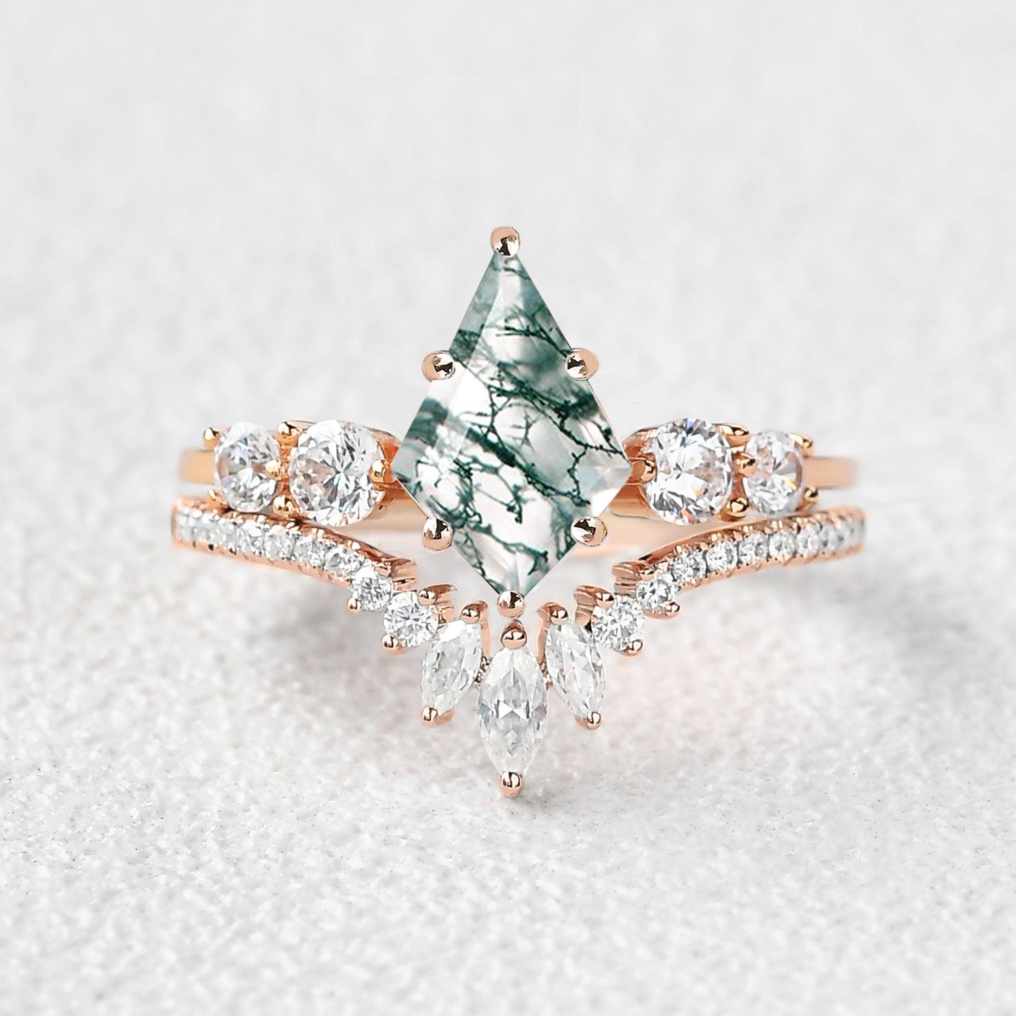 Round Staccato Kite Cut Moss Agate Engagement Ring Set 2pcs - Felicegals 丨Wedding ring 丨Fashion ring 丨Diamond ring 丨Gemstone ring
