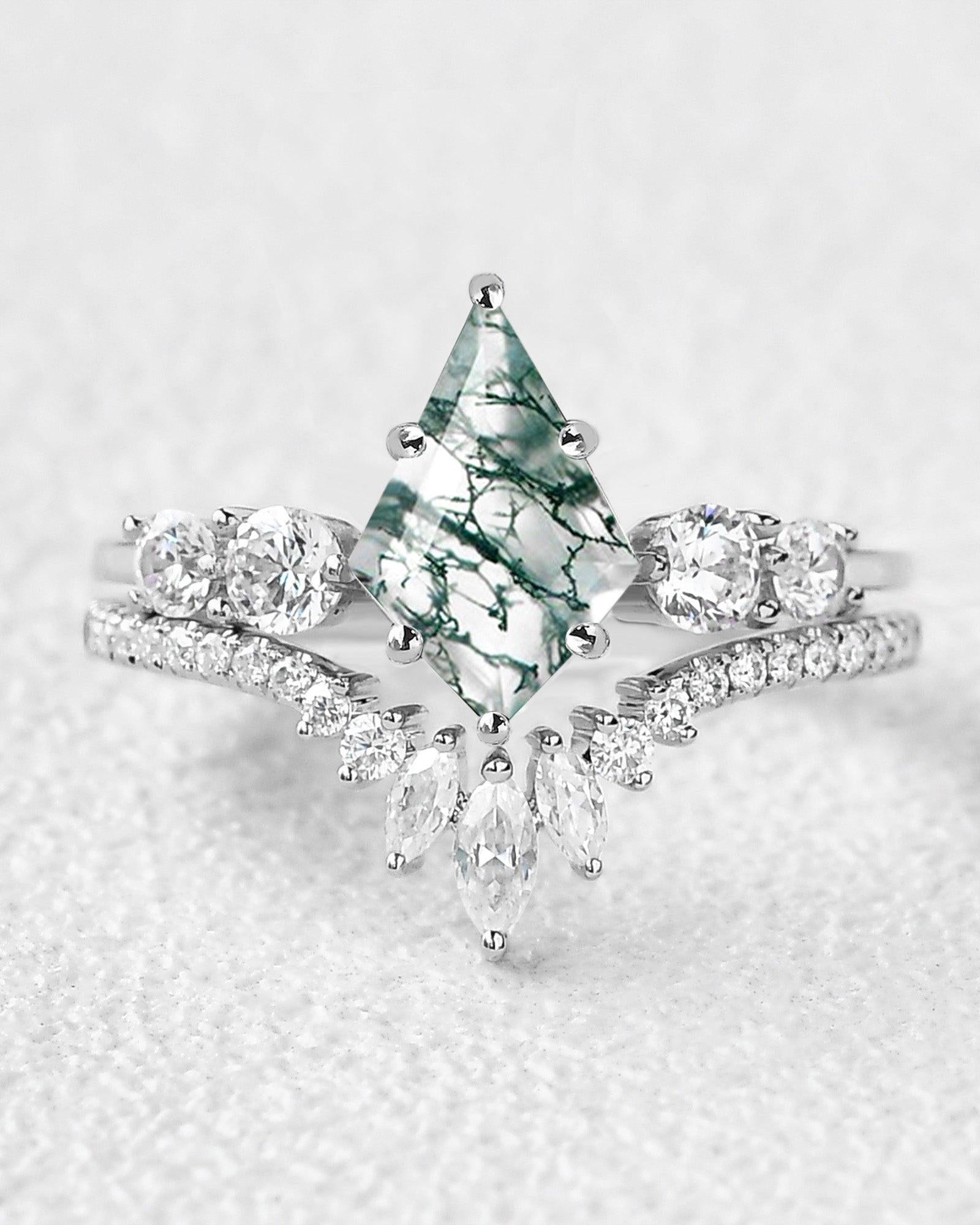 Round Staccato Kite Cut Moss Agate Engagement Ring Set 2pcs - Felicegals 丨Wedding ring 丨Fashion ring 丨Diamond ring 丨Gemstone ring