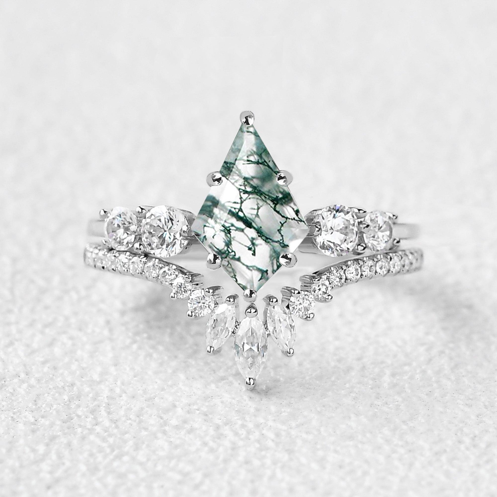 Round Staccato Kite Cut Moss Agate Engagement Ring Set 2pcs - Felicegals 丨Wedding ring 丨Fashion ring 丨Diamond ring 丨Gemstone ring