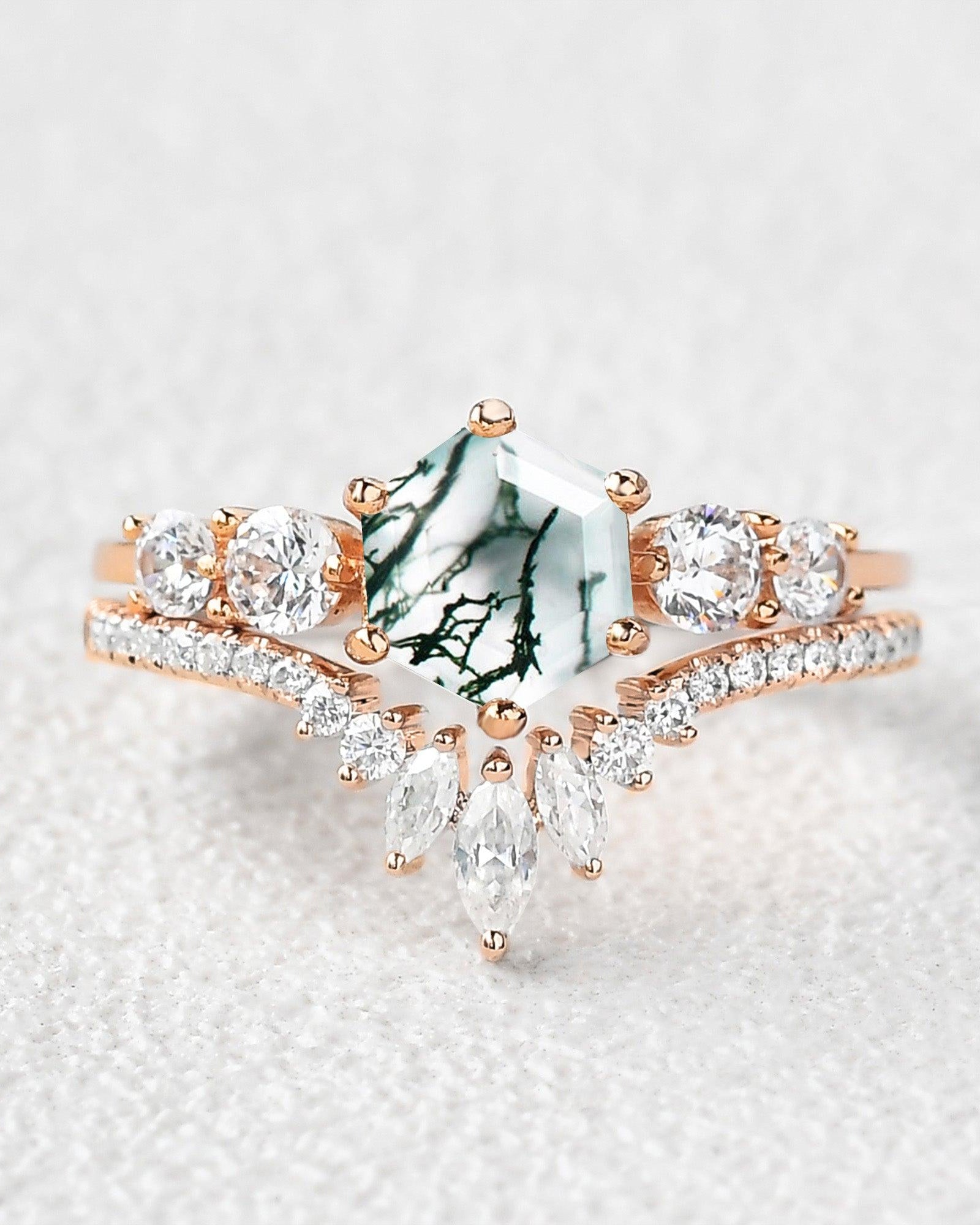 Round Staccato Hexagon Moss Agate Engagement Ring Set 2pcs - Felicegals 丨Wedding ring 丨Fashion ring 丨Diamond ring 丨Gemstone ring